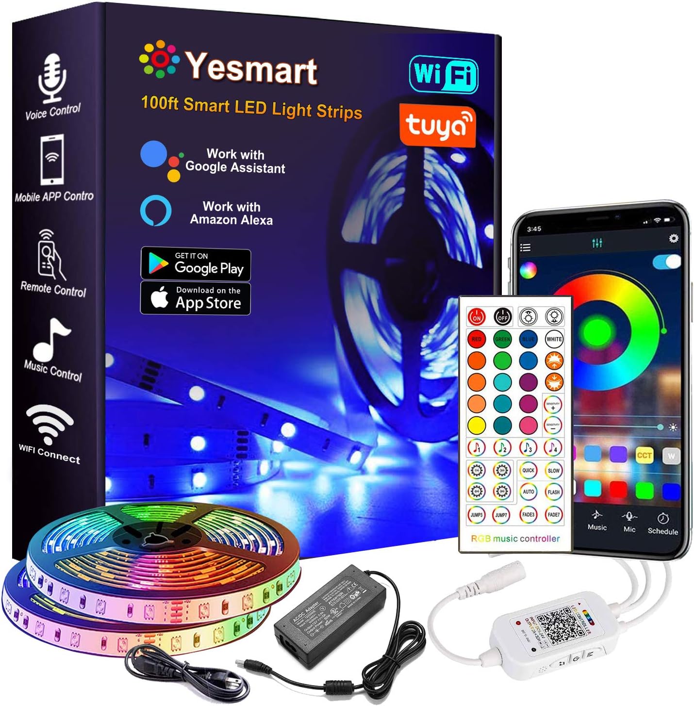 Wifi Led Strip Lights 100ft (2 Rolls 50ft) Smart Light Strips with App Remote Control, 5050 RGB Led Lights for Bedroom, Music Sync Color Changing for Room Party Compatible with Alexa,Google Home,IFTTT Pack of 2