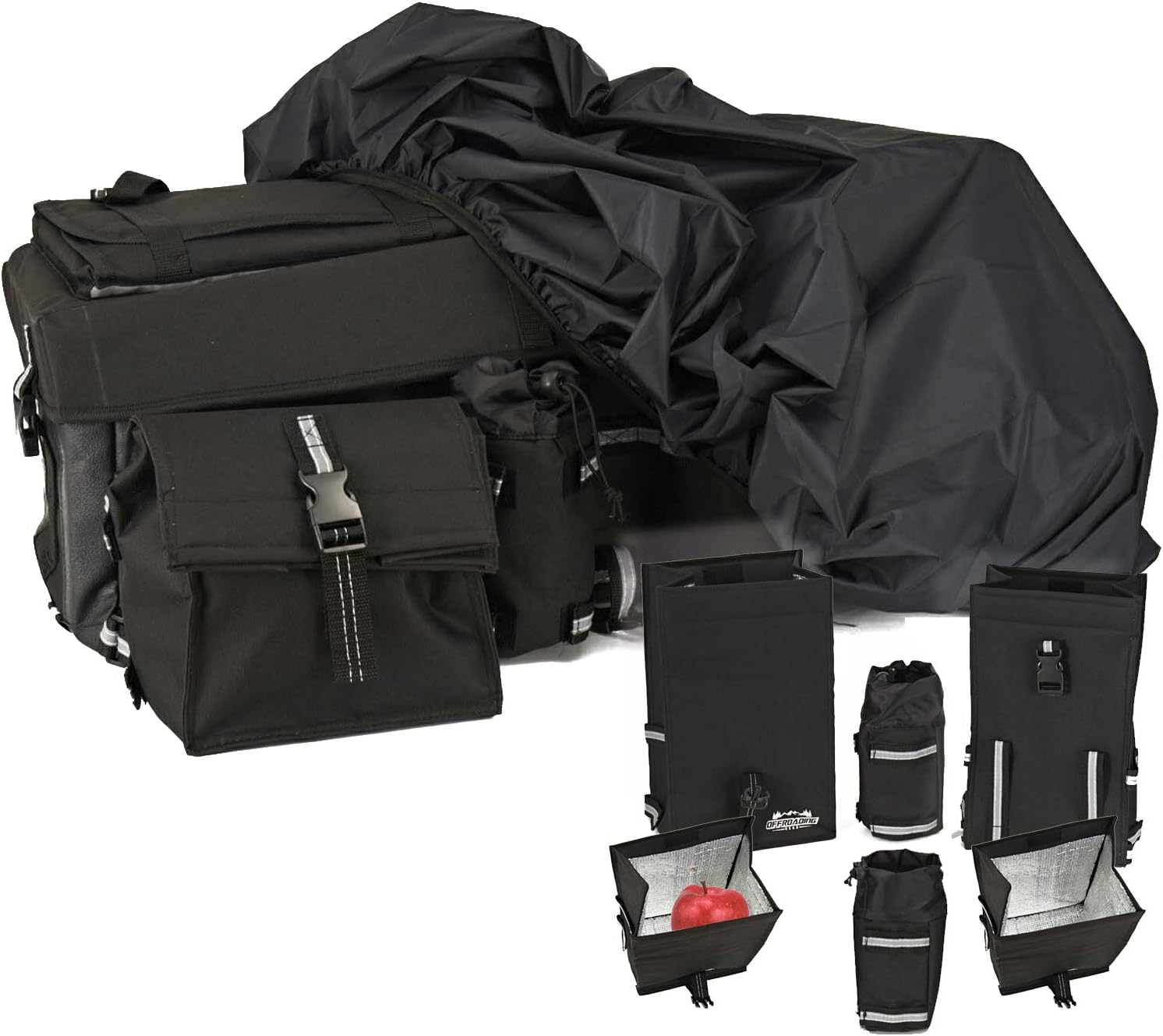 ATV/Quad Rear Rack Bag with Rain Cover and Insulated Cooler Bags, Black