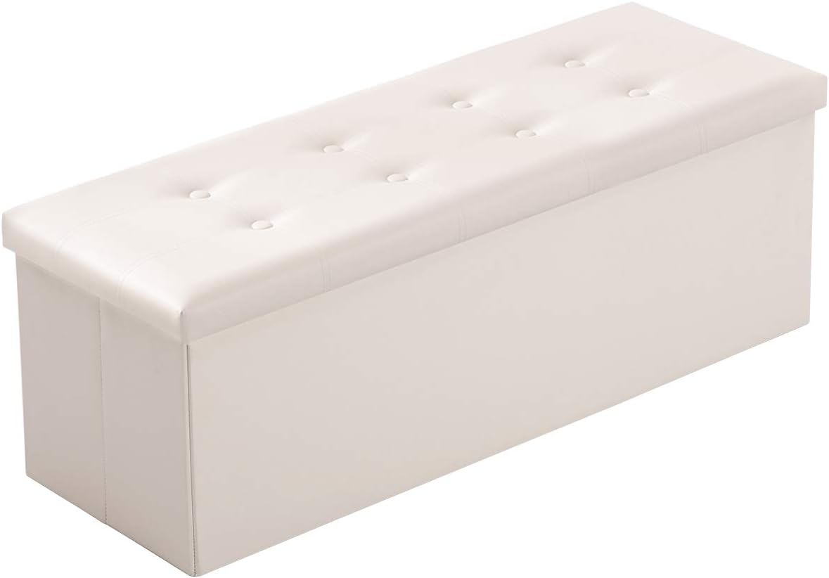 YOUDENOVA 43 Inches Folding Storage Ottoman Bench, Bed End Bench with 120L Large Storage Space, Hallway Footrest Window Padded Seat Storage Chest, Faux Leather Brown Pack of 2