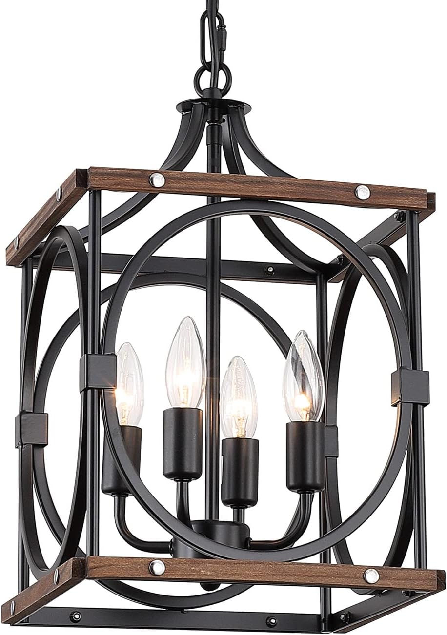 Nomita 4-Light Rustic Chandelier Ceiling Light Fixture, Adjustable Retro Industrial Oak Wood and Metal Lantern Pendant Lighting for Kitchen Island Dining Room Entryway Farmhouse, Black