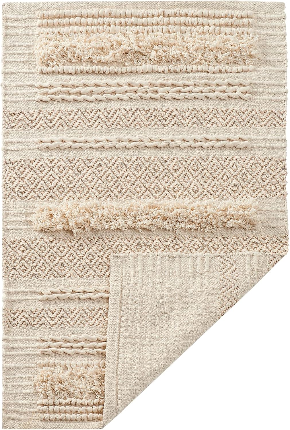 MOTINI Tufted Cotton Area Rug 2' x 3', Hand Woven Knotted Boho Accent Carpet, Ivory Beige Throw Rug with Gold Metallic Thread for Living Room Bedroom Entryway