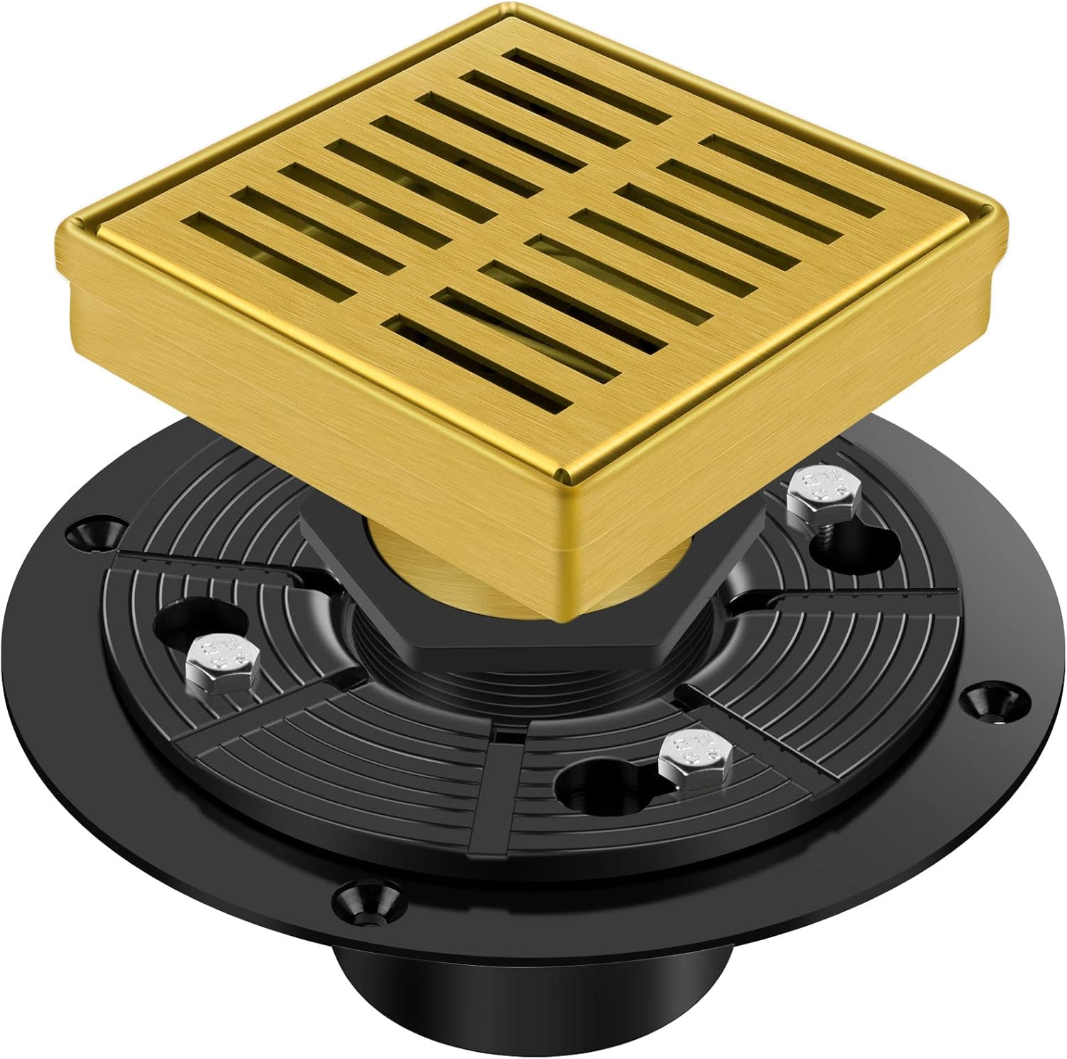 4 Inch Square Shower Drain with Adjustable Shower Drain Base Flange, SUS 304 Stainless Steel Floor Drain with Removable Cover Line Grate Top Plate, Brushed Brass Gold Finished Pack of 2