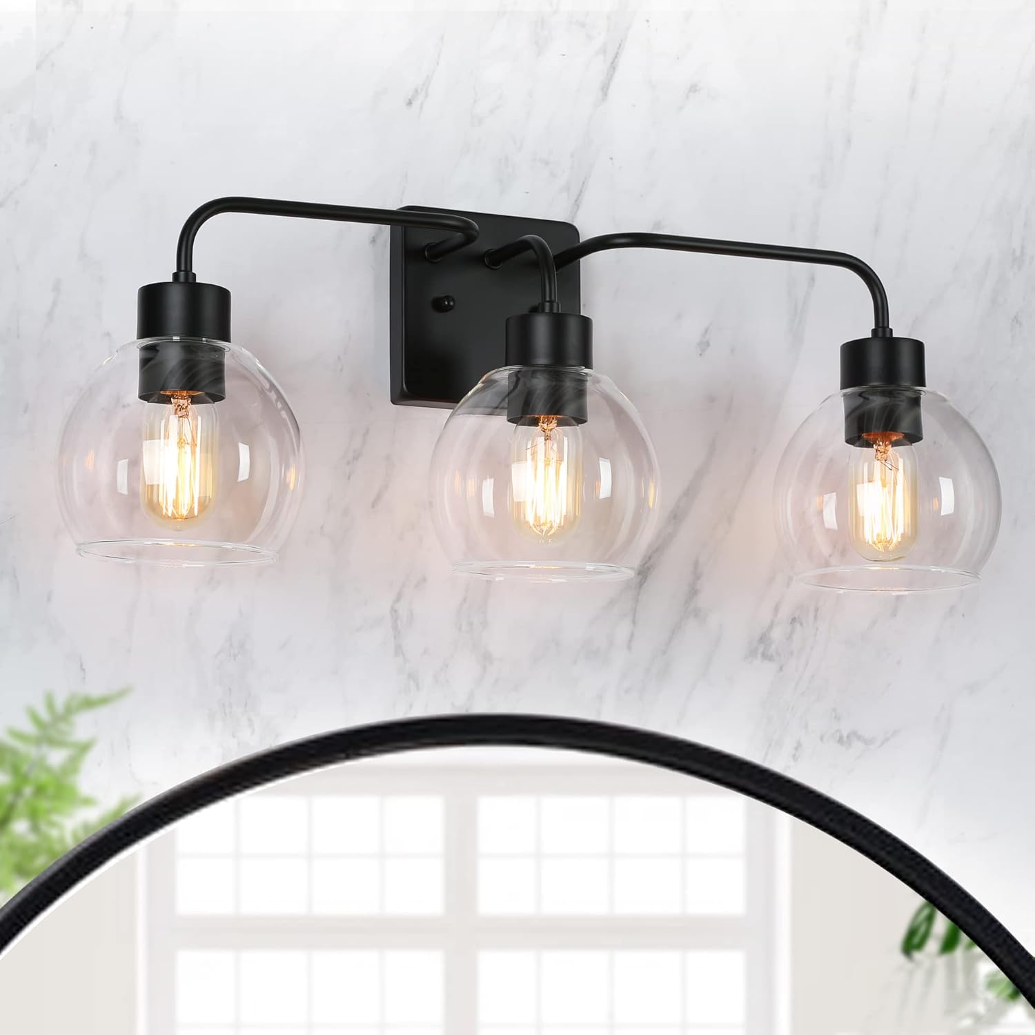 Durent Lighting Black Vanity Lights Over Mirror, Modern Farmhouse Bathroom Light Fixtures with Clear Glass Shades, 24.5