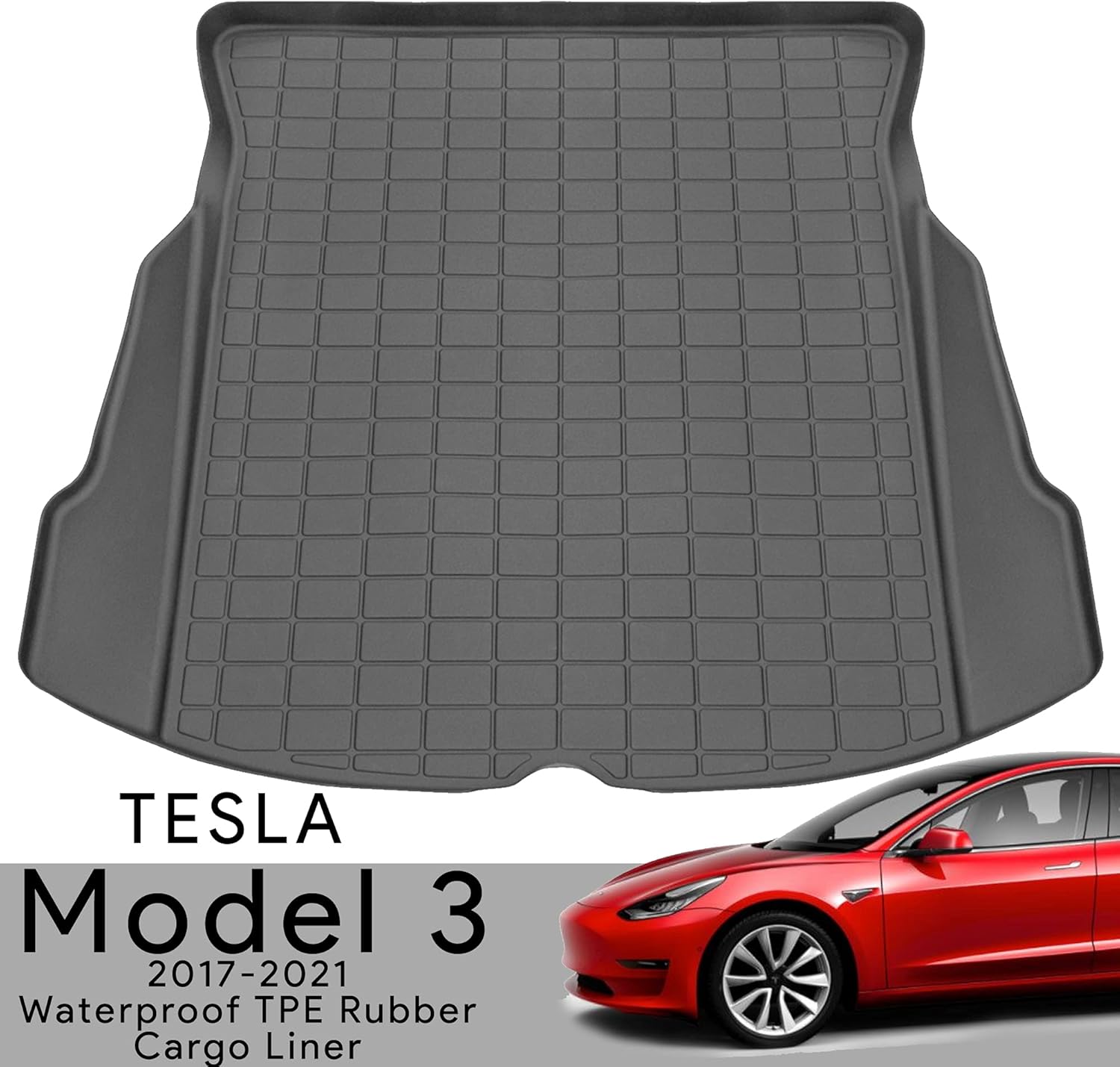 Tesla Model 3 Cargo Trunk Mat, All Weather, Durable, Easy Clean Tesla Mat, 2017-2021, Made with Soft XPE Rubber - No Logos - Black Pack of 2