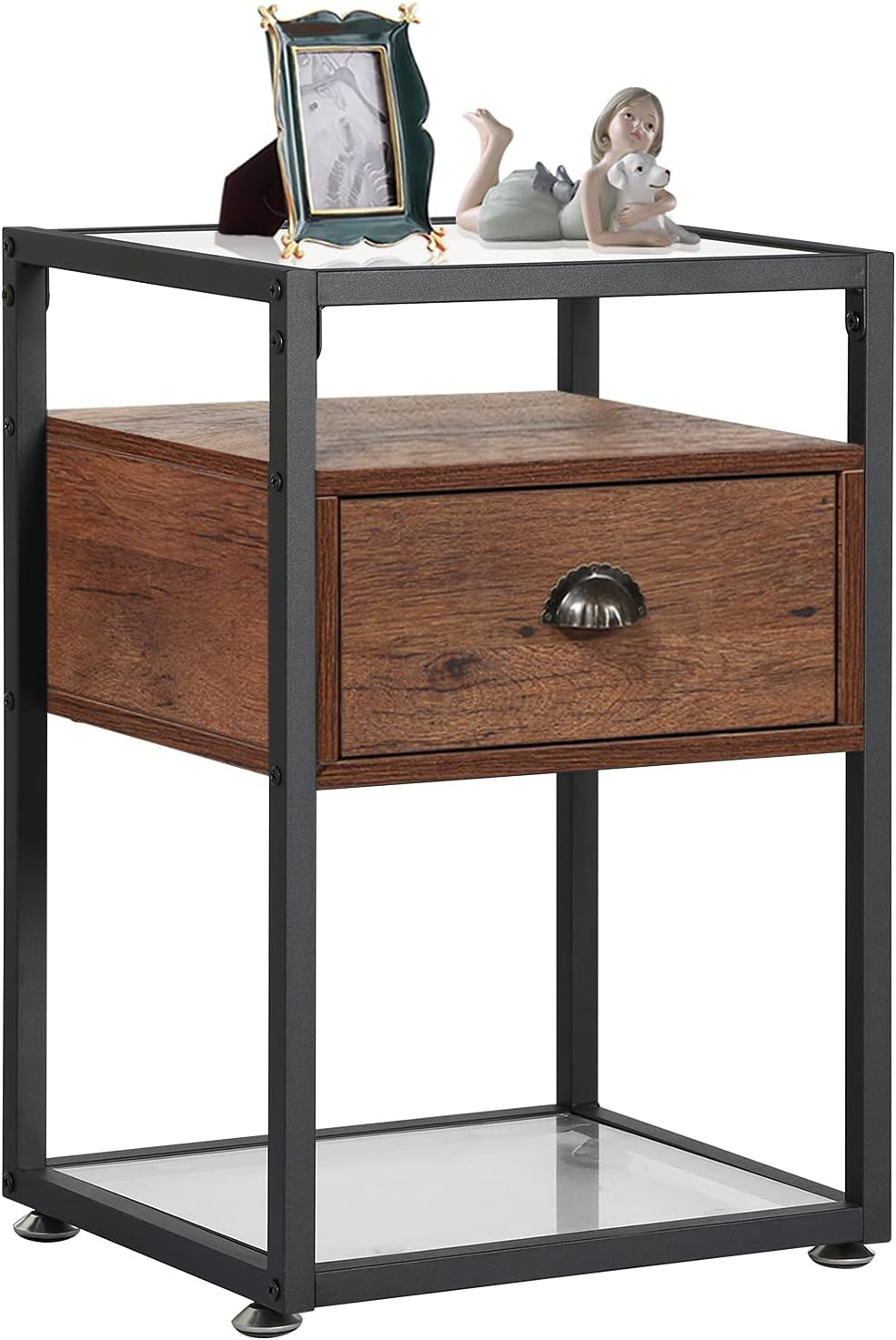 VECELO Versatile Nightstand Tempered Glass End Side &Sofa Table with 2 Drawers for Bedroom Office Lounge, 15.7