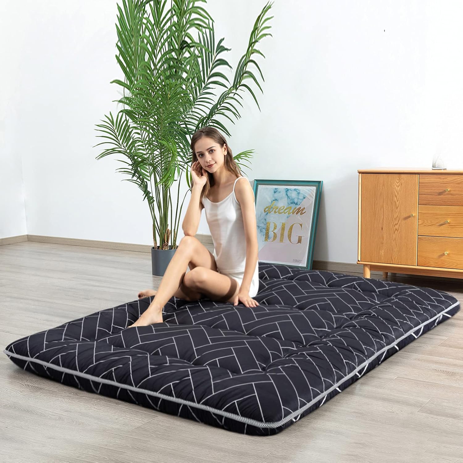 HIGOGOGO Black Futon Mattress for Floor, Thick Geometric Pattern Japanese Floor Mattress Sleeping Tatami Mat Roll Up Camping Mattress, Portable Floor Guest Bed Floor Lounger, Twin
