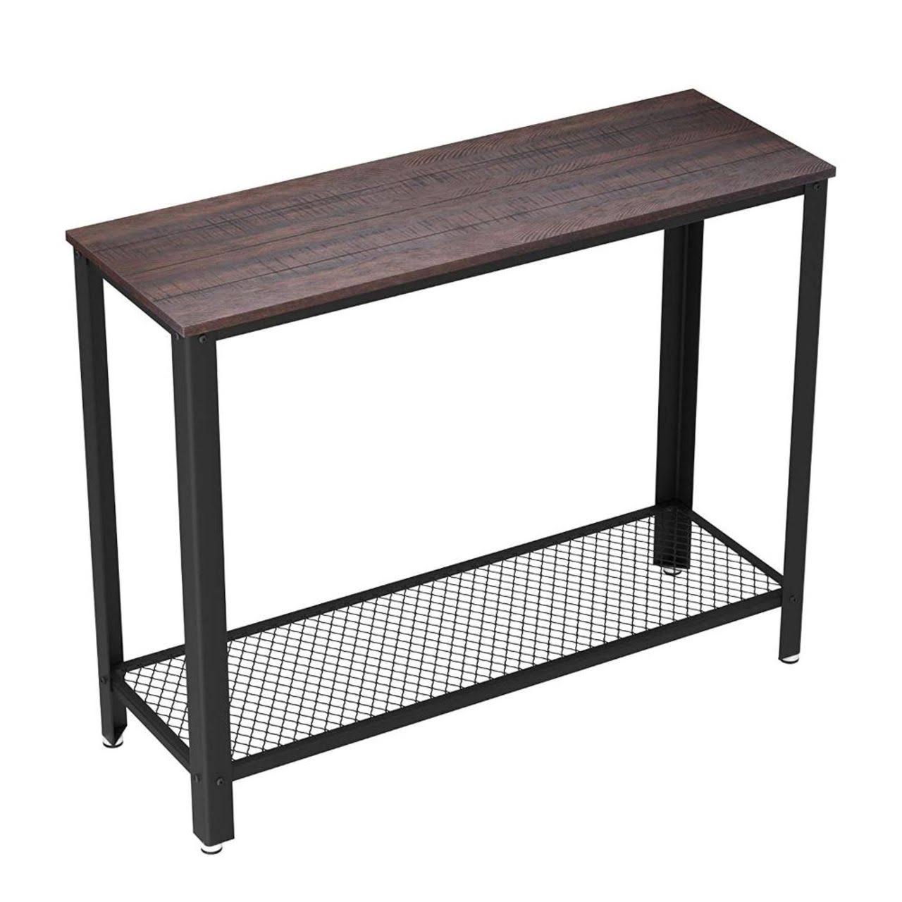 Iron Framed Console Table with Wooden Top and Wide Mesh Bottom Shelf Brown and Black