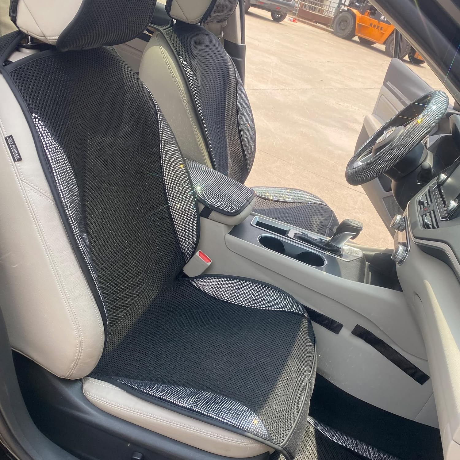 Lady Crystal Bling Ice Silk 1 Pair Front Car Seat Covers, Luxury Car Protectors, Universal Anti-Slip&Sun-Resistant Driver Seat Cover with Backrest,Breathable&Cool Pack of 2