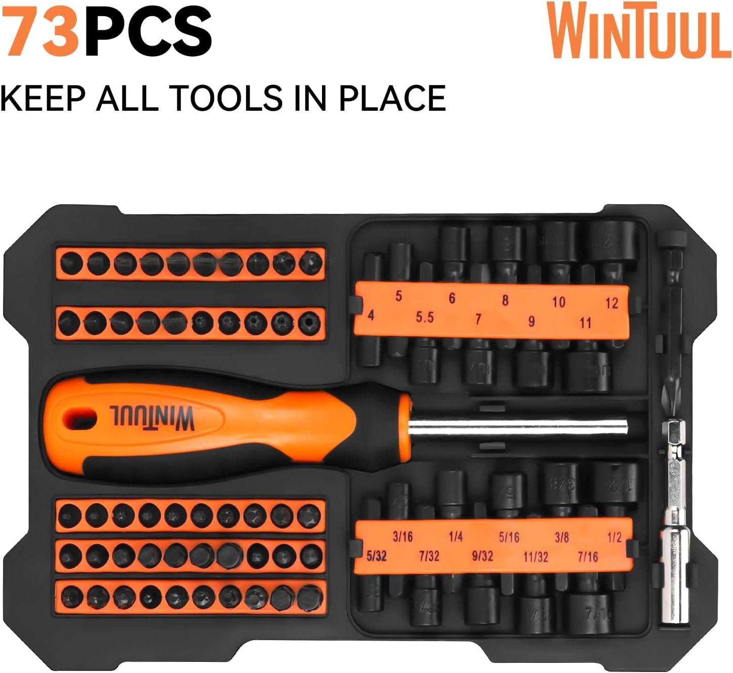 WINTUUL 73PC Nut Driver Set With Screwdriver Bits for Impact Drill, 1/4