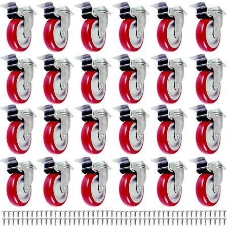 Factorduty 24 Pack Caster Wheels Swivel Plate w/Brake Casters on Red Polyurethane Wheels w/Screws (5x22 w/Brake)