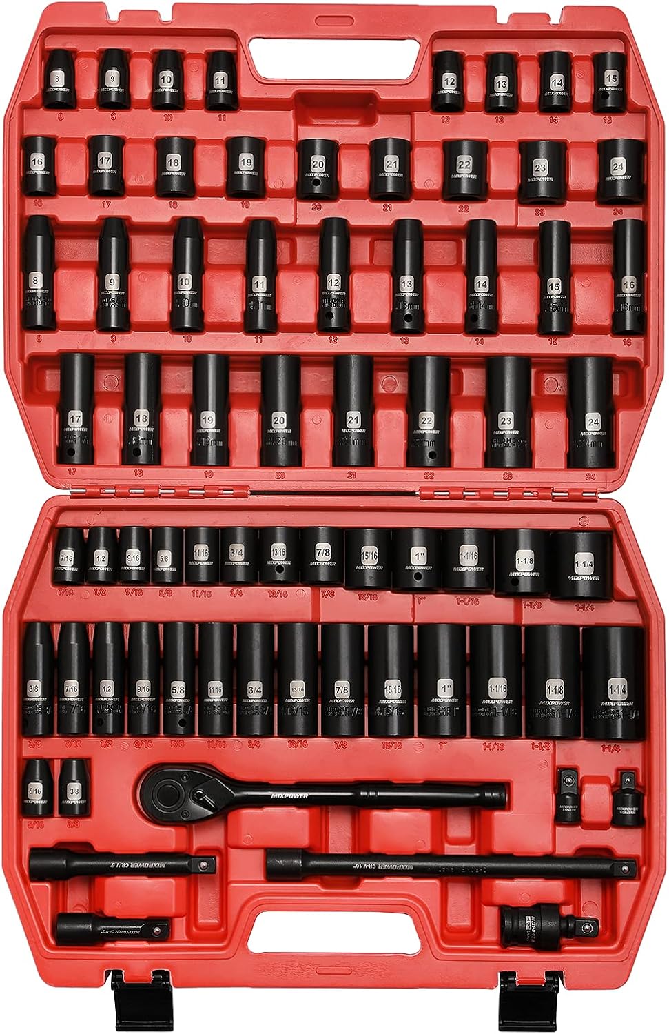MIXPOWER 1/2-inch 70 Pieces Impact Socket Master Set, SAE and Metric, 5/16-Inch to 1-1/4-Inch and 8-24 mm Shallow/Deep