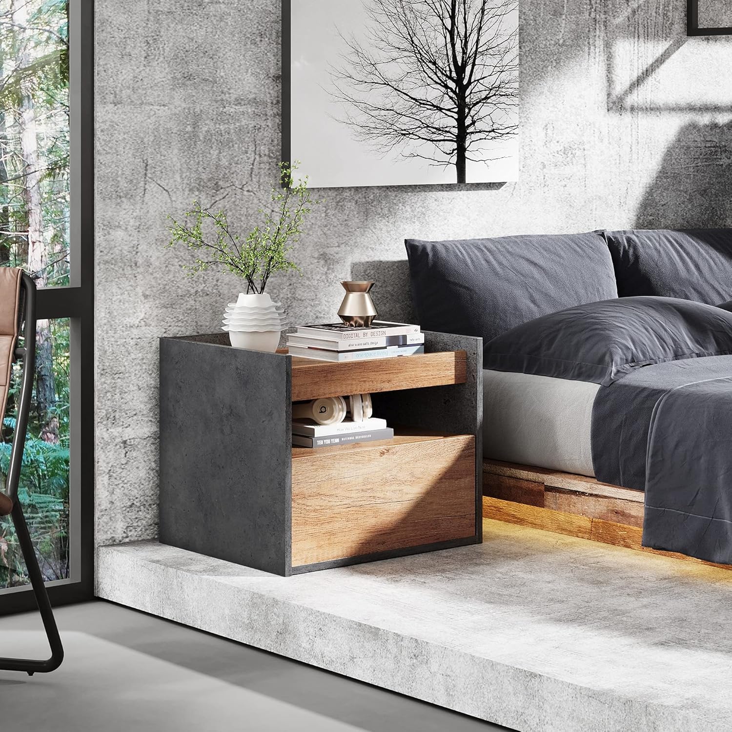 DEVAISE Nightstand, Wood Bedside Table with One Drawer and Storage Shelf, Wooden End Table for Bedroom, Dorm, Accent Easy Assembly Home Furniture, Oak and Dark Grey