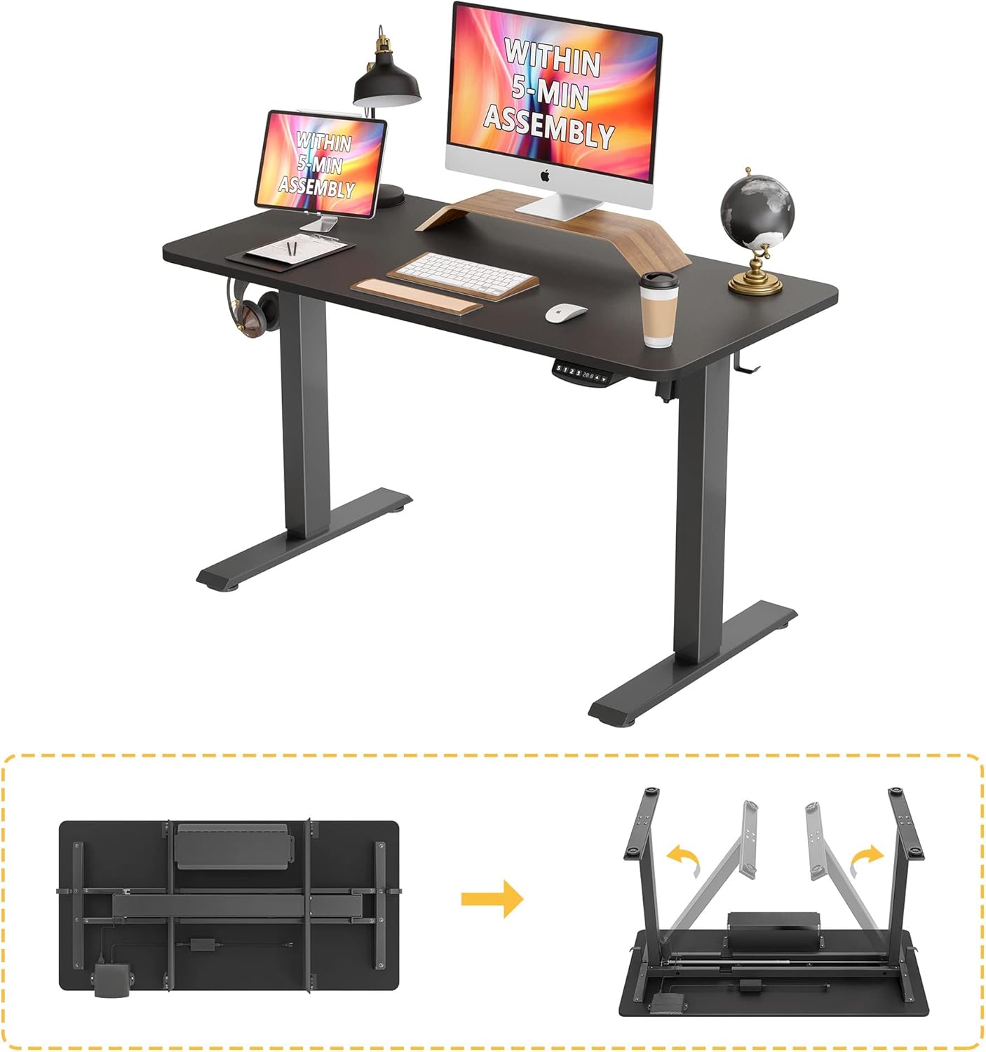 FEIZBO Quick Install Electric Standing Desk,Adjustable Height Stand up Desk,48 x 24 Inches Sit Stand Home Office Desk,Black Frame/Rubberwood Top