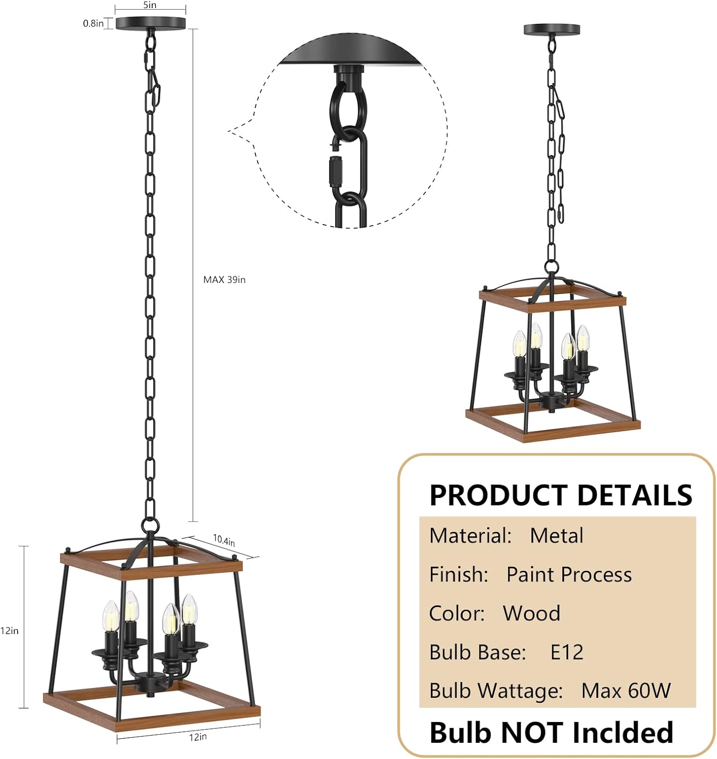 FukiFuki Farmhouse Pendant Light, Wood Lantern Pendant Light in Black and Wood Finish, Adjustable Industrial Metal Light Fixture for Kitchen Island, Dining, Living Room(4 Light)