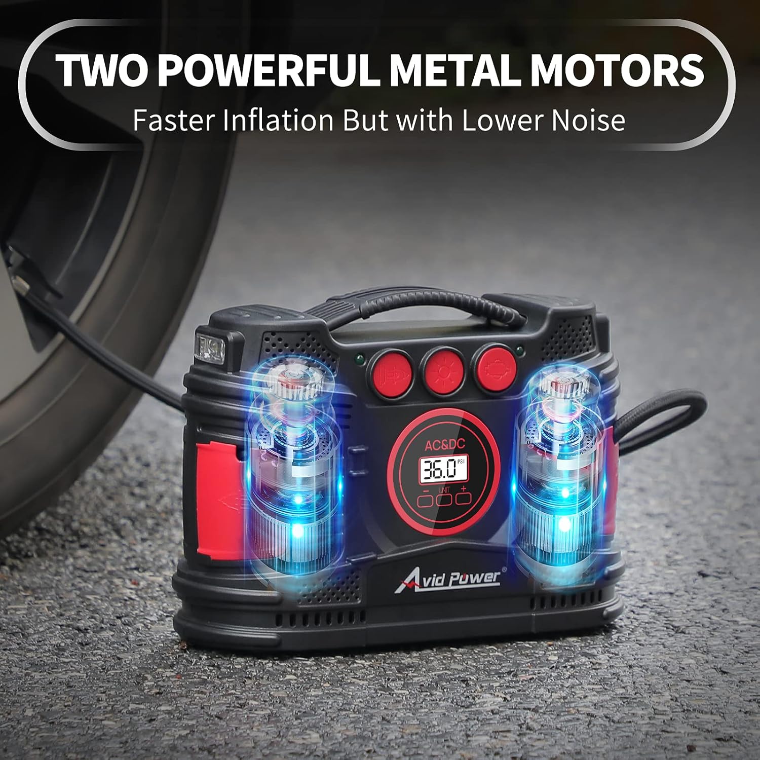 AVID POWER AC/DC Portable Tire Inflator Air Compressor for Home 110V & Car 12V, with Dual Powerful Motors for Fast Inflation, Electric Car Tire Pump with Digital Pressure Gauge for Many Inflatables