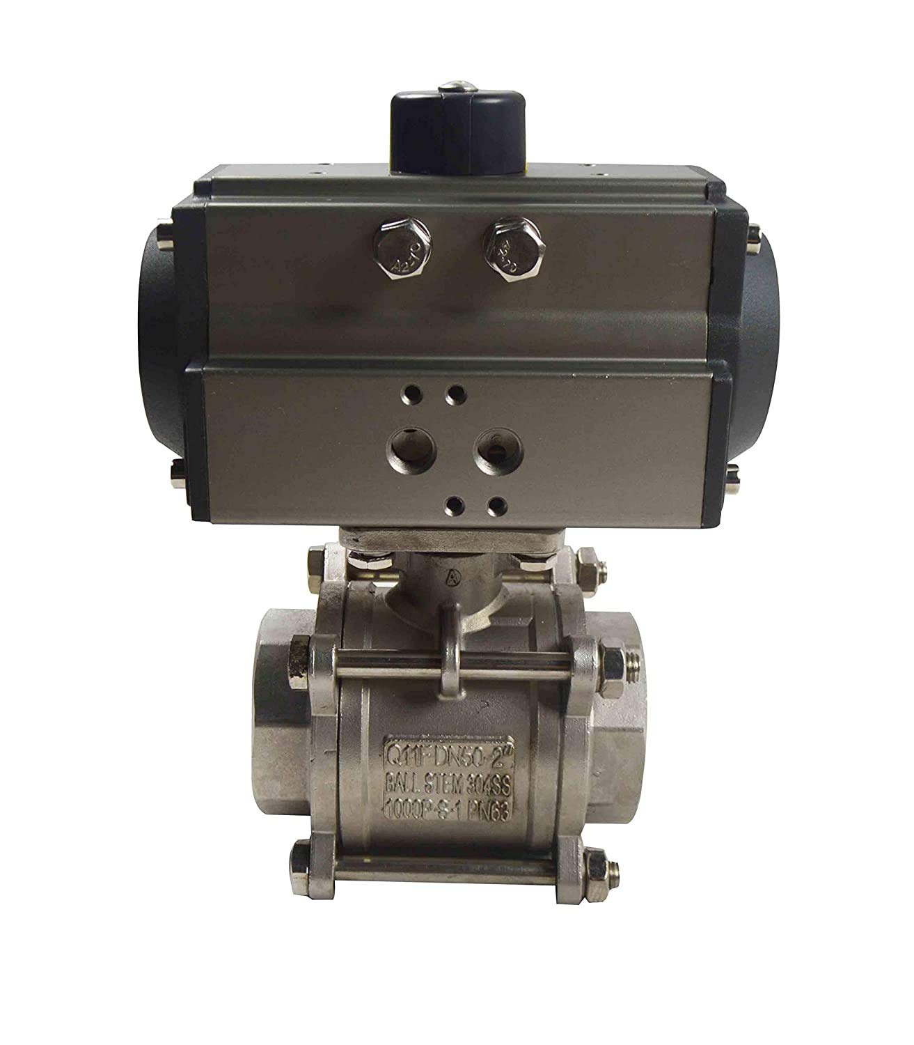 INTSUPERMAI Three-Piece 2 inch Pneumatic Actuated Ball Valve Double Acting Globe Threaded 304 Stainless Steel for Automatic Control System
