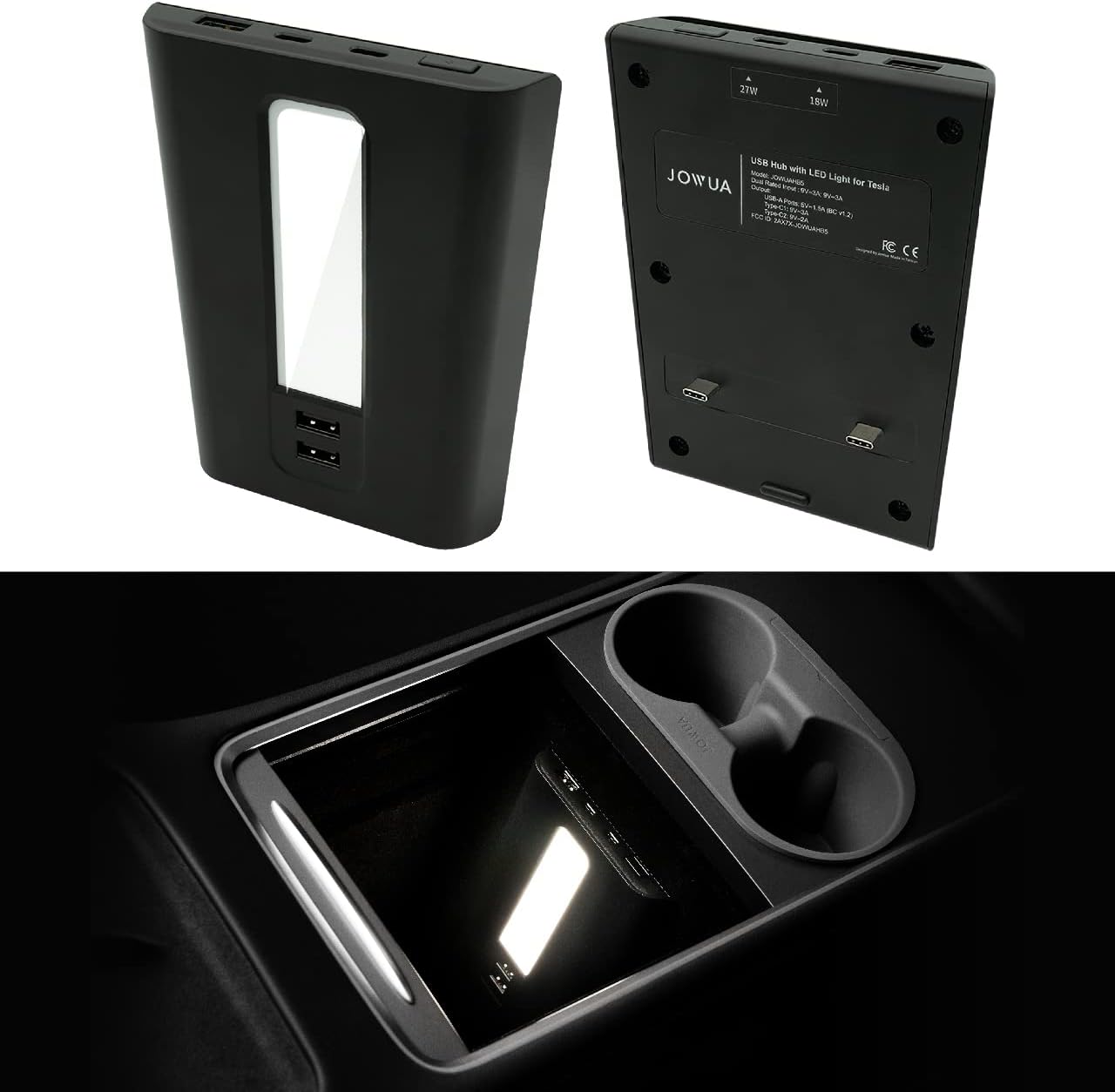 JOWUA USB hub with LED Light Compatible for 2021-2022 Tesla Model Y & Model 3 with Dual USB-C Ports Pack of 2