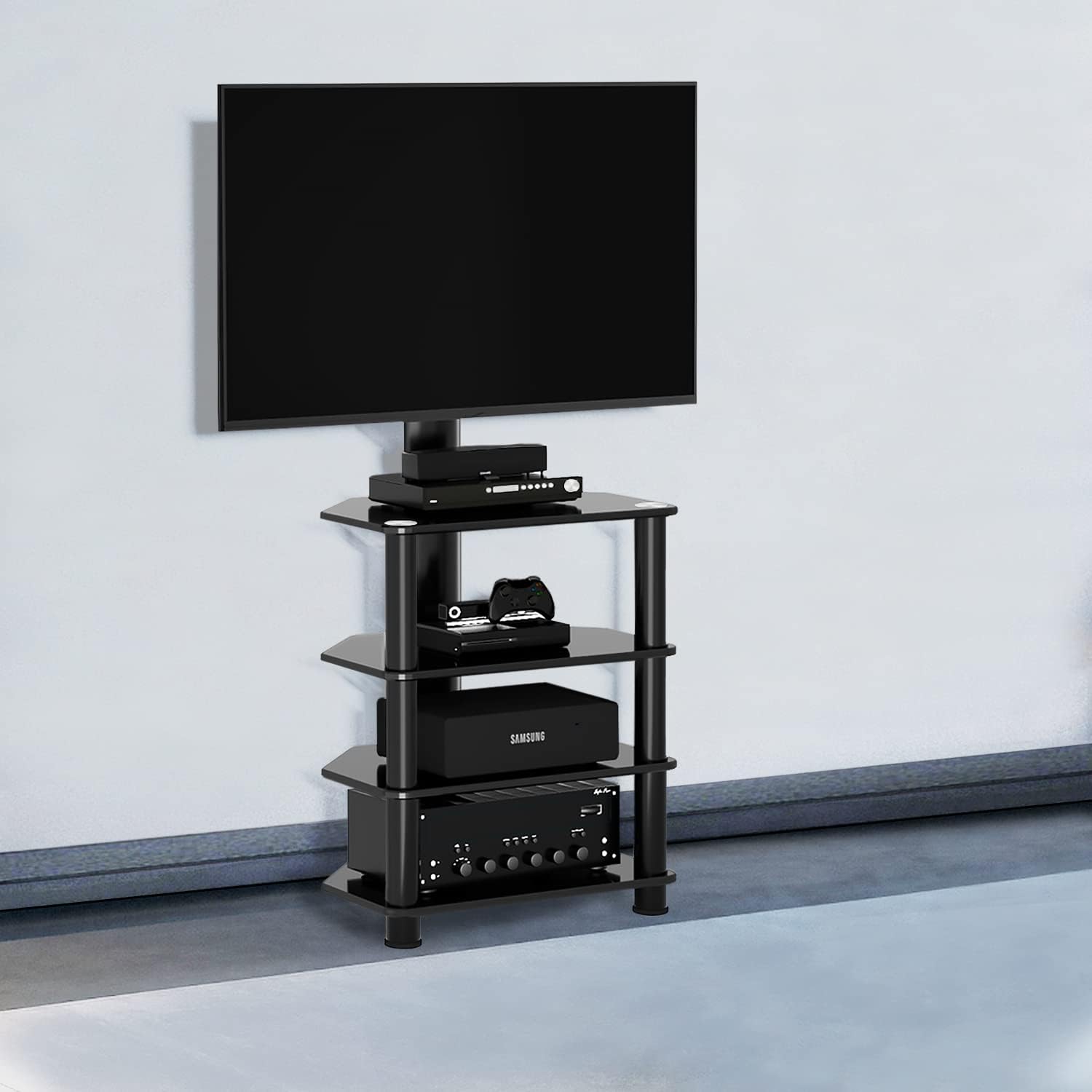 4-Tiers Media Component TV Stand with Swivel Mount Audio Shelf and Height Adjustable Bracket, Black Floor TV Stand for 32 37 39 40 42 43 47 50 55 inch LCD LED OLED Flat/Curved Screen TVs
