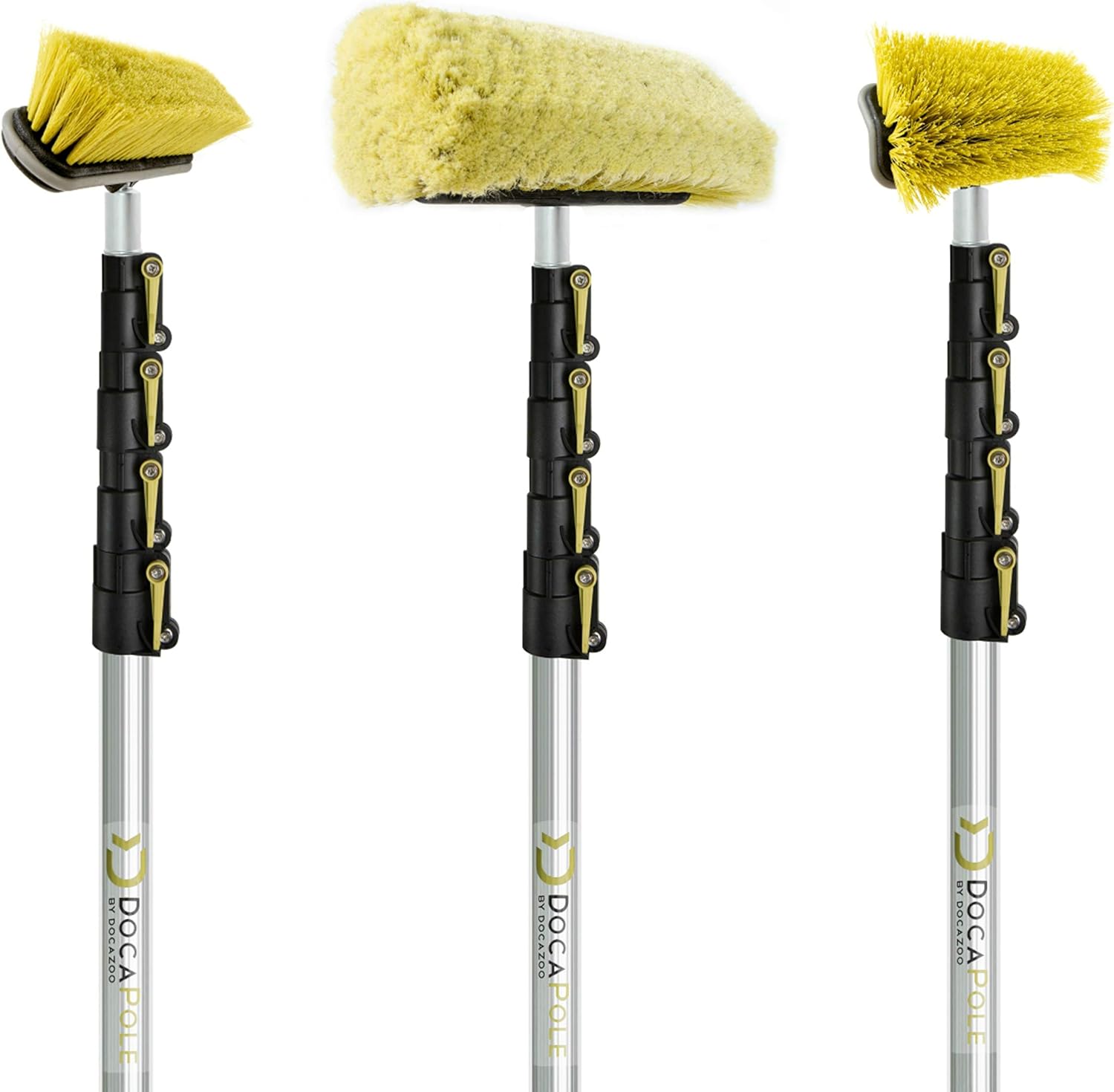DocaPole 24 Foot High Reach Brush Kit with 6-24 Foot Extension Pole // Brush Kit Includes 3 Brushes // Soft Bristle Car Wash Brush // Medium Bristle Cleaning Brush // Hard Bristle Deck Brush