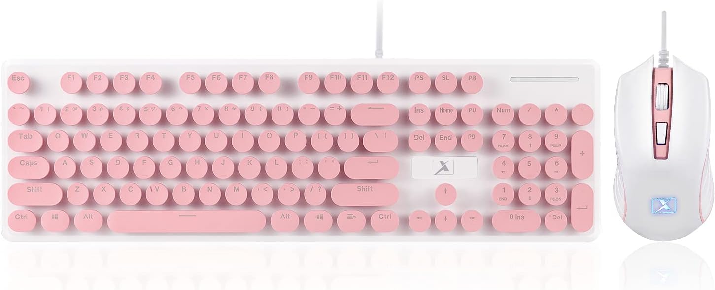 LexonElec Wired USB Keyboard Mouse Combo Gamer N518 104 Keys White LED Backlit Punk Keycap Ergonomic Pro Gaming Keypad + 1600DPI 4 Buttons Optical Game Mice for Laptop PC (Pink & White Light) Pack of 2