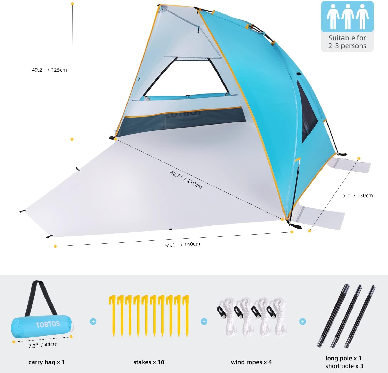 TOBTOS Portable Beach Tent UPF 50+ Easy Set Up Sun Shelter for 2-3 Person, UV Protection Beach Sunshade with Extendable Floor, Cabana Beach Canopy Umbrella for Family with Baby