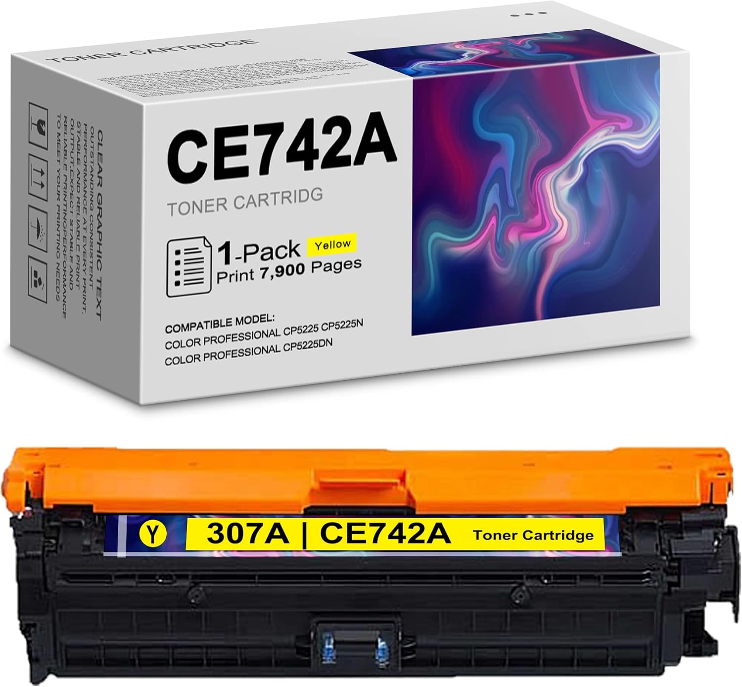 307A 1-Pack Yellow CE742A Compatible Remanufactured Toner Cartridge Replacement for HP Color Professional CP5225 CP5225n CP5225dn Printers - by STRONTONER
