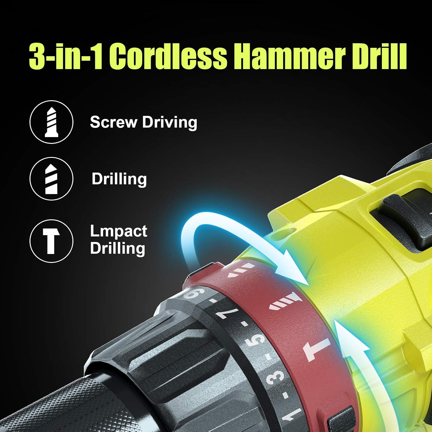 CACOOP 20V 1/2'' Cordless Hammer Drill w/ 2.0Ah Battery,1H Fast Charger,2-Variable Speed, Professional HSS Bits,Keyless Metal Chuck