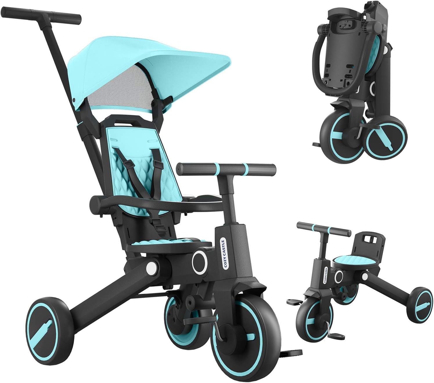 Cozy Castle Baby Tricycle for Toddlers, 7-in-1 Toddler Tricycle with Adjustable Canopy and Handle, Foldable Tricycle Stroller with Detachable Pedals,Toddler Tricycle with Rotatable Seat(Blue)