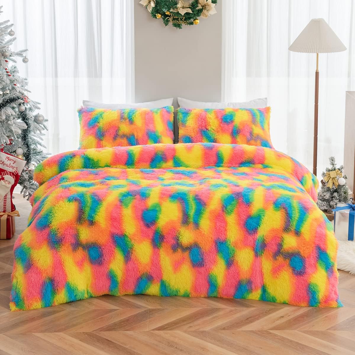 URBONUR Plush Shaggy Duvet Cover Set Black White Cow Print Ombre Faux Fur Comforter Cover Reverse Crystal Velvet Bedding Set Soft Fluffy (3-Pieces, Cow Pattern, Queen)