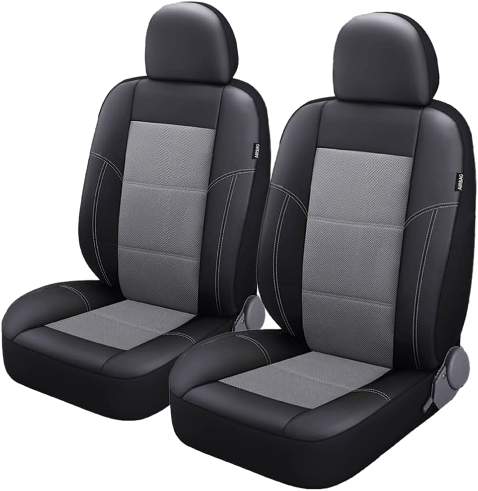TOYOUN Universal Front Car Seat Covers Pu Leather Mesh Splicing, Breathable Auto Seat Covers for Front Seats 2pcs Gray Black Low Bucket Seat Covers Airbag Compatible for Cars SUV Van Trucks