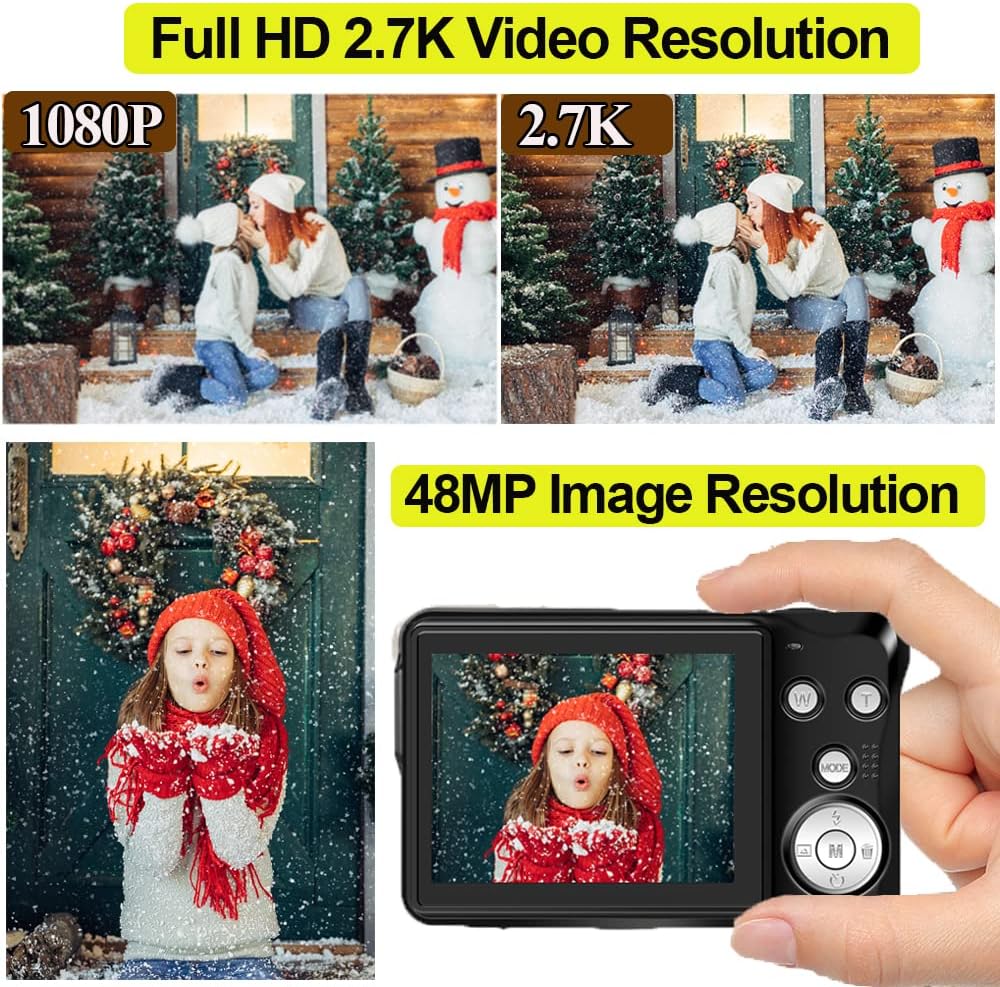 Digital Camera,2.7K 48MP Compact Camera,2.7 inch Pocket Camera,Rechargeable Small Digital Camera for Kids,School,Children,Adults,Photography with 16X Digital Zoom(32GB SD Card Included,1 Battery) Pack of 2