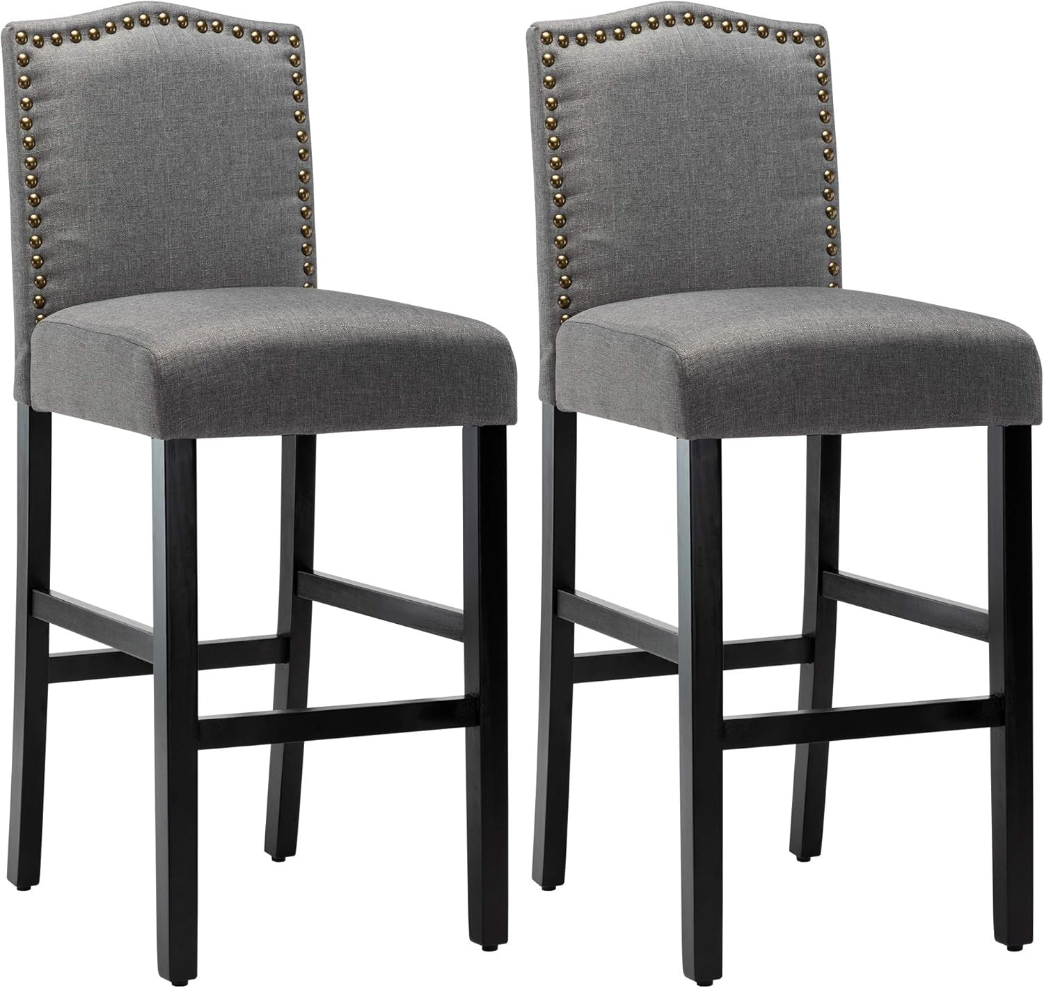 LSSPAID 29.5 inches Fabric Backed Bar Stools Set of 2, Fabric Counter Backed Bar Stools, Nailhead Barstools with Solid Wood Legs, Gray