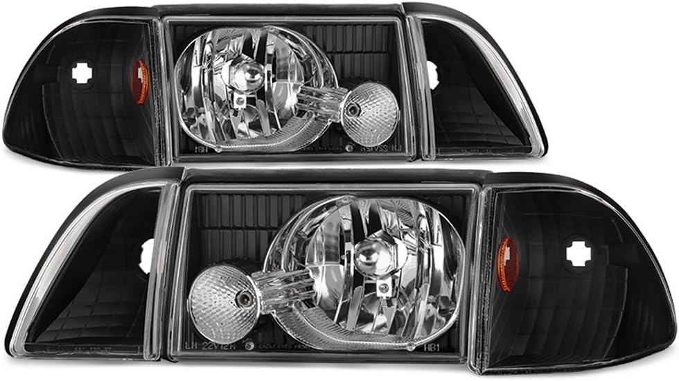 ACANII - For Black 1987-1993 Ford Mustang Headlights w/Corner Signal Lights Parking Lamps Set Driver + Passenger Side