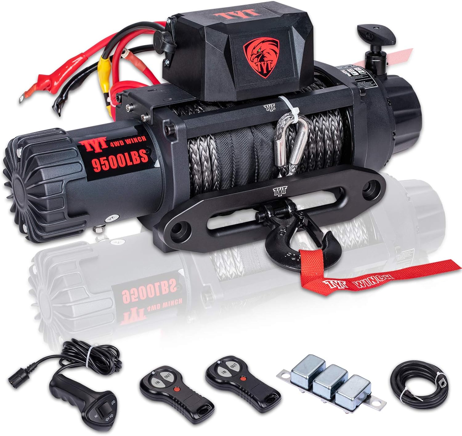 TYT T1 Series Winch 9500 lb. Load Capacity Electric Winch, 12V Winch with Synthetic Rope, Waterproof IP67 Truck Winch with Hawse Fairlead, with 2 Wireless Handheld Remote and Wired Handle Recovery