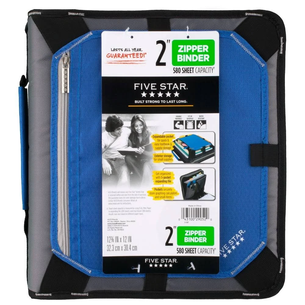 Five Star Zipper Binder with Expandable Panel, Blue/Black, L