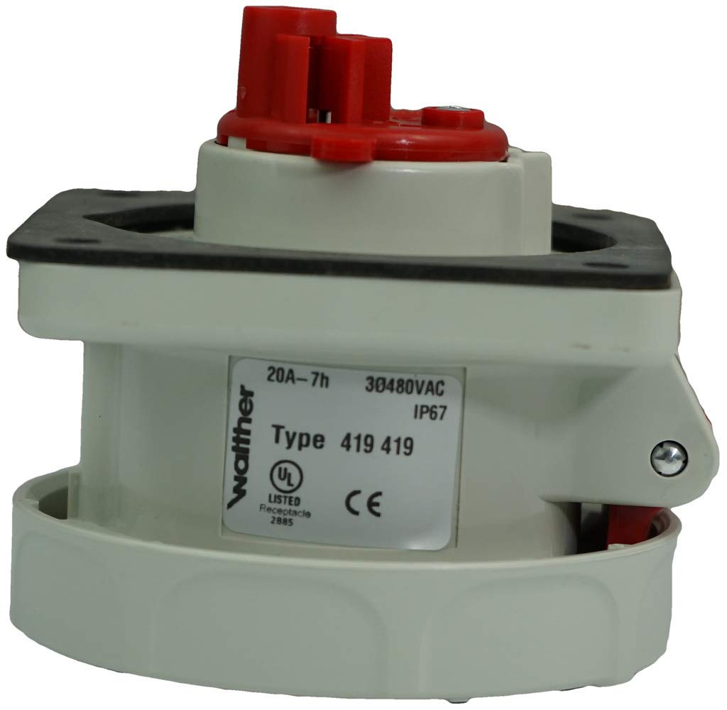 WALTHER ELECTRIC 419419 IEC 60309 Female Receptacle 20 amps 480V 4W 7 hr IP67 Red UL Listed Panel Mount - Straight Watertight - IEC 420R7W