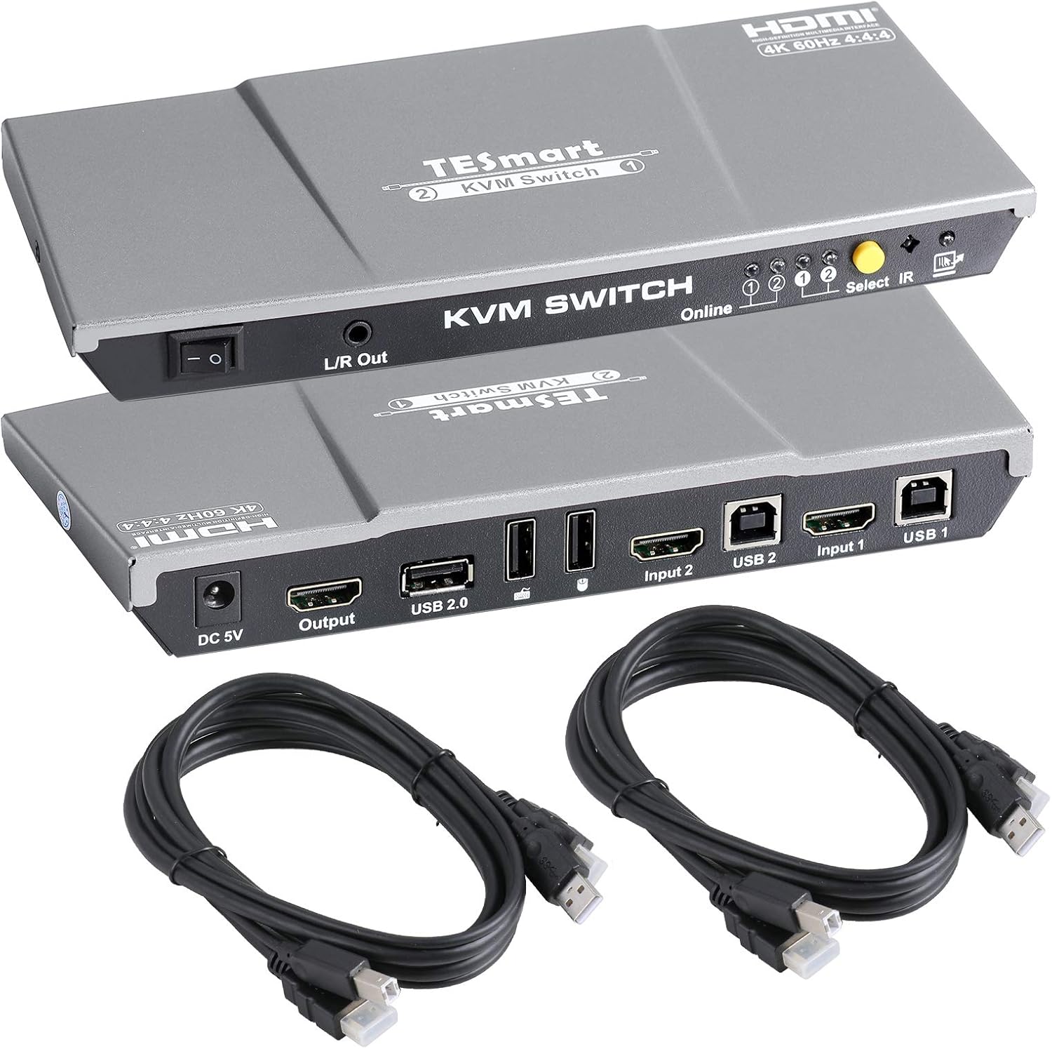 TESmart HDMI 4K@60Hz Ultra HD 2x1 HDMI KVM Switch 3840x2160@60Hz 4:4:4 with 2 Pcs 5ft KVM Cables Supports USB 2.0 Devices Control up to 2 Computers/Servers/DVR (Grey) Pack of 2