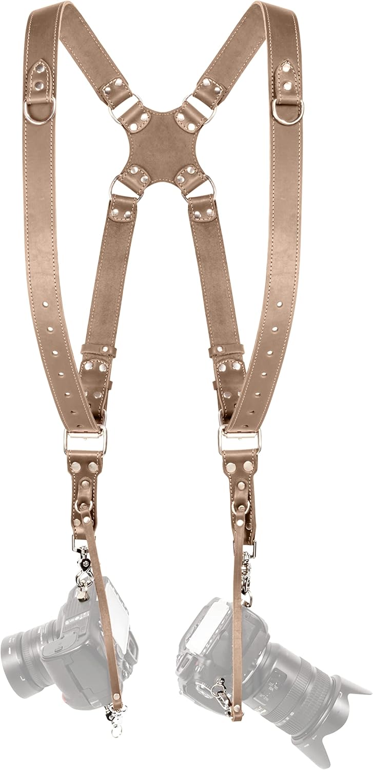 Camera Strap Accessories for Two-Cameras – Dual Shoulder Leather Harness – Multi Camera Gear for DSLR/SLR strap by C Coiro