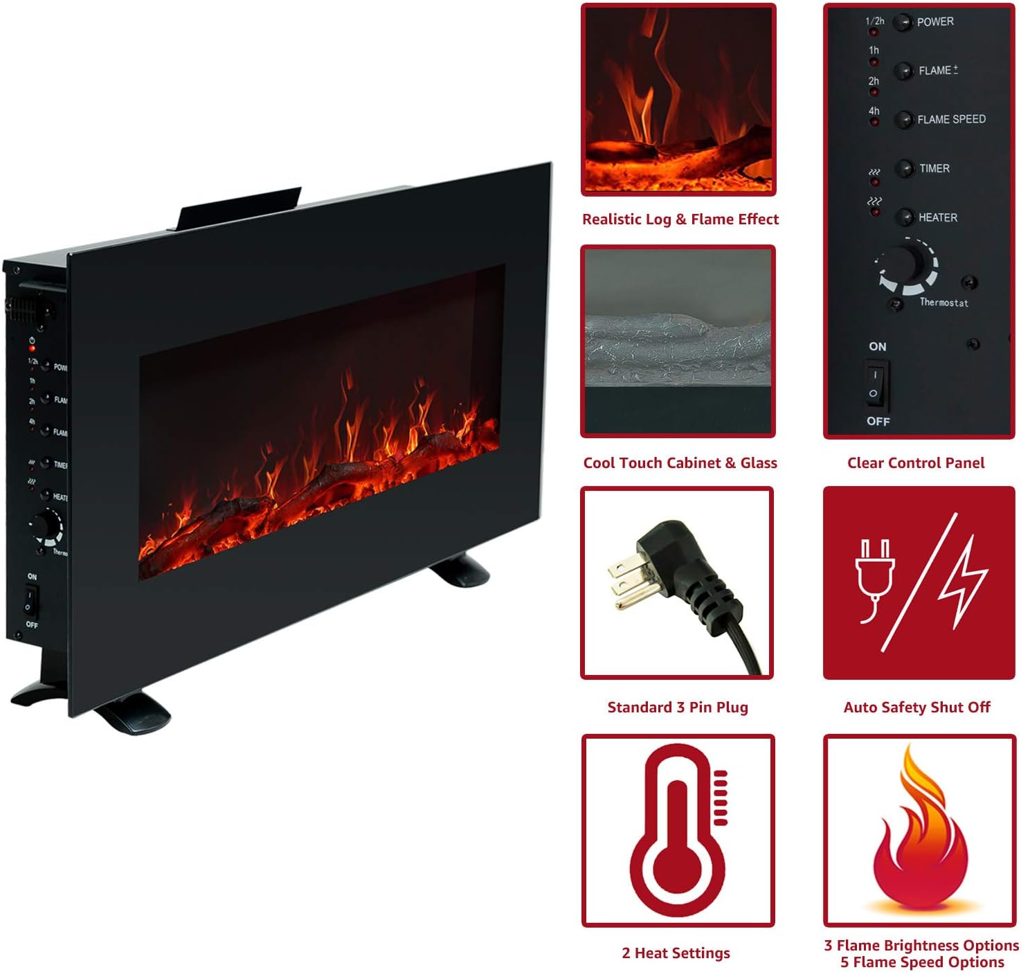 FLAME&SHADE Wall Mounted Electric Fireplace, 34-Inch Wide Flat Screen, Freestanding or Hanging Portable Room Heater with Remote