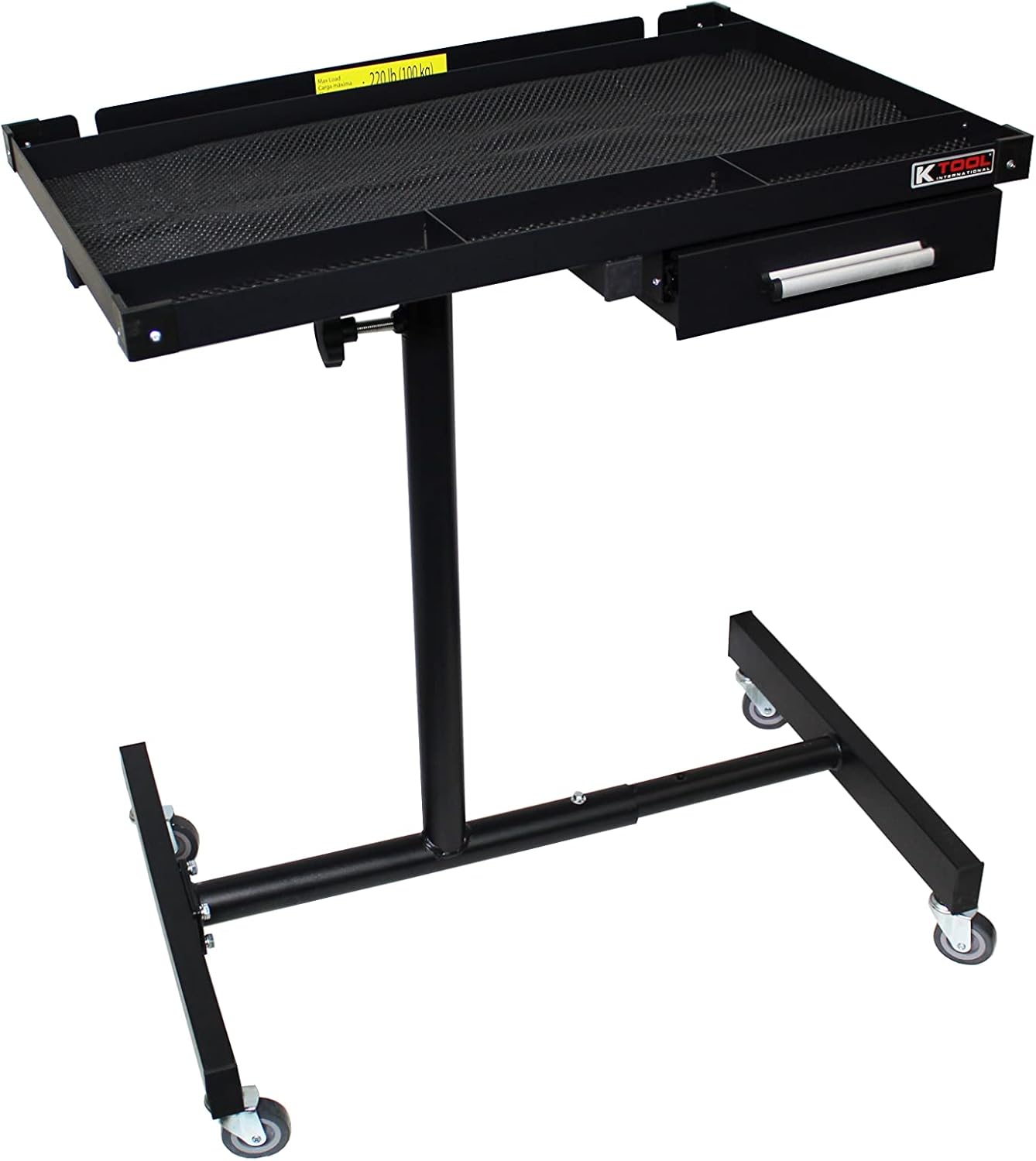 K Tool International Heavy Duty Tear Down Tray and Work Table with Drawer, Portable and Adjustable, 220 Pound Capacity, Rubber Corners, Black; KTI75107