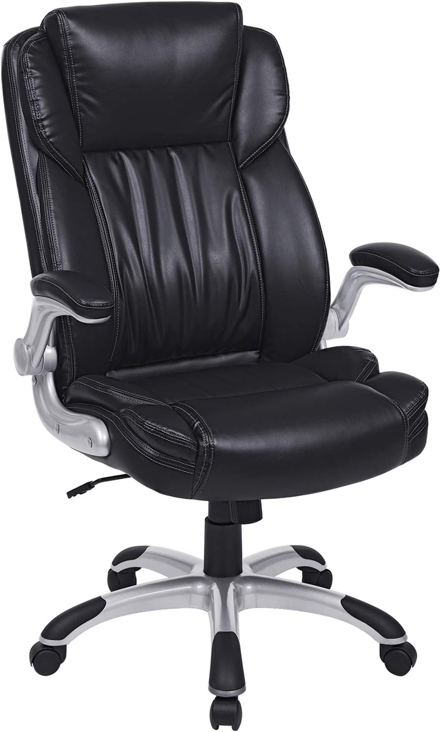 SONGMICS Extra Big Office Chair, High Back PU Executive Chair with Thick Seat and Tilt Function, Flip Up Arms, Black UOBG94BK