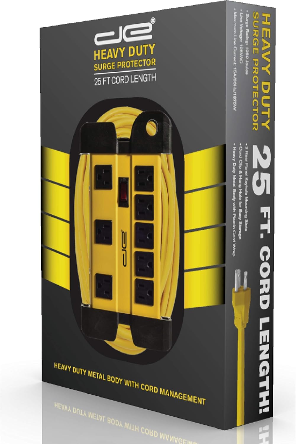 Digital Energy 25 Foot Long Surge Protector 8-Outlet Heavy Duty Metal Mountable 1050 Joules Protection Extension Cord Power Strip with Cord Management, 25 Foot Long Extension Cord, UL Listed Pack of 2