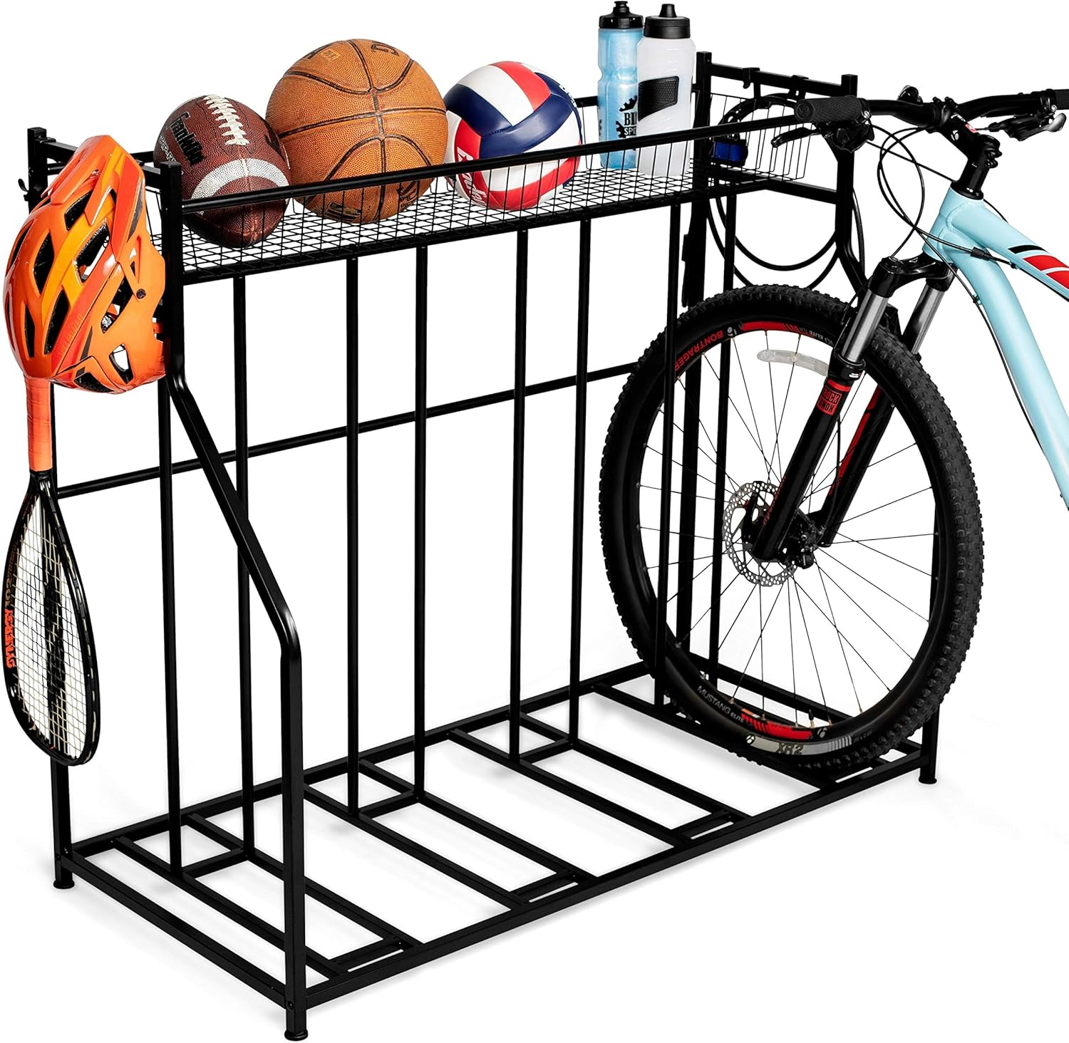 BIRDROCK HOME 4 Bike Stand Rack with Storage – Metal Floor Bicycle Nook – Great for Parking Road, Mountain, Hybrid or Kids Bikes – Garage Organizer - Helmet - Sports Storage Station - Black…