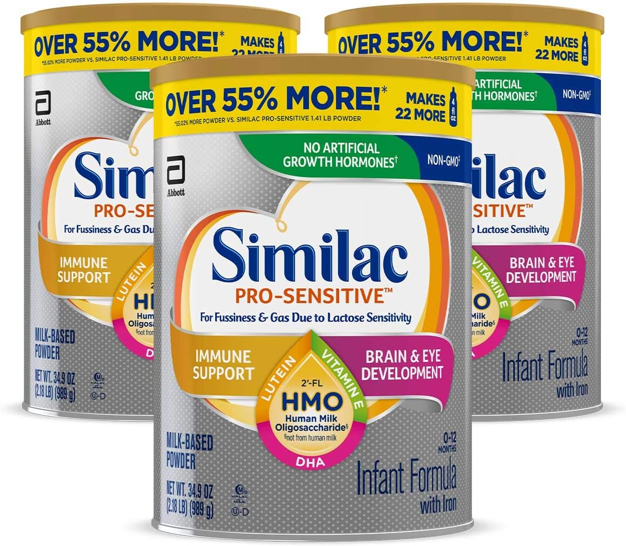 Similac Pro-Sensitive Infant Formula , Non-GMO, with Iron, 2’-FL HMO, for Immune Support, Milk-Based Powder, 2.18 Lb, Pack of 3 (One-Month Supply)