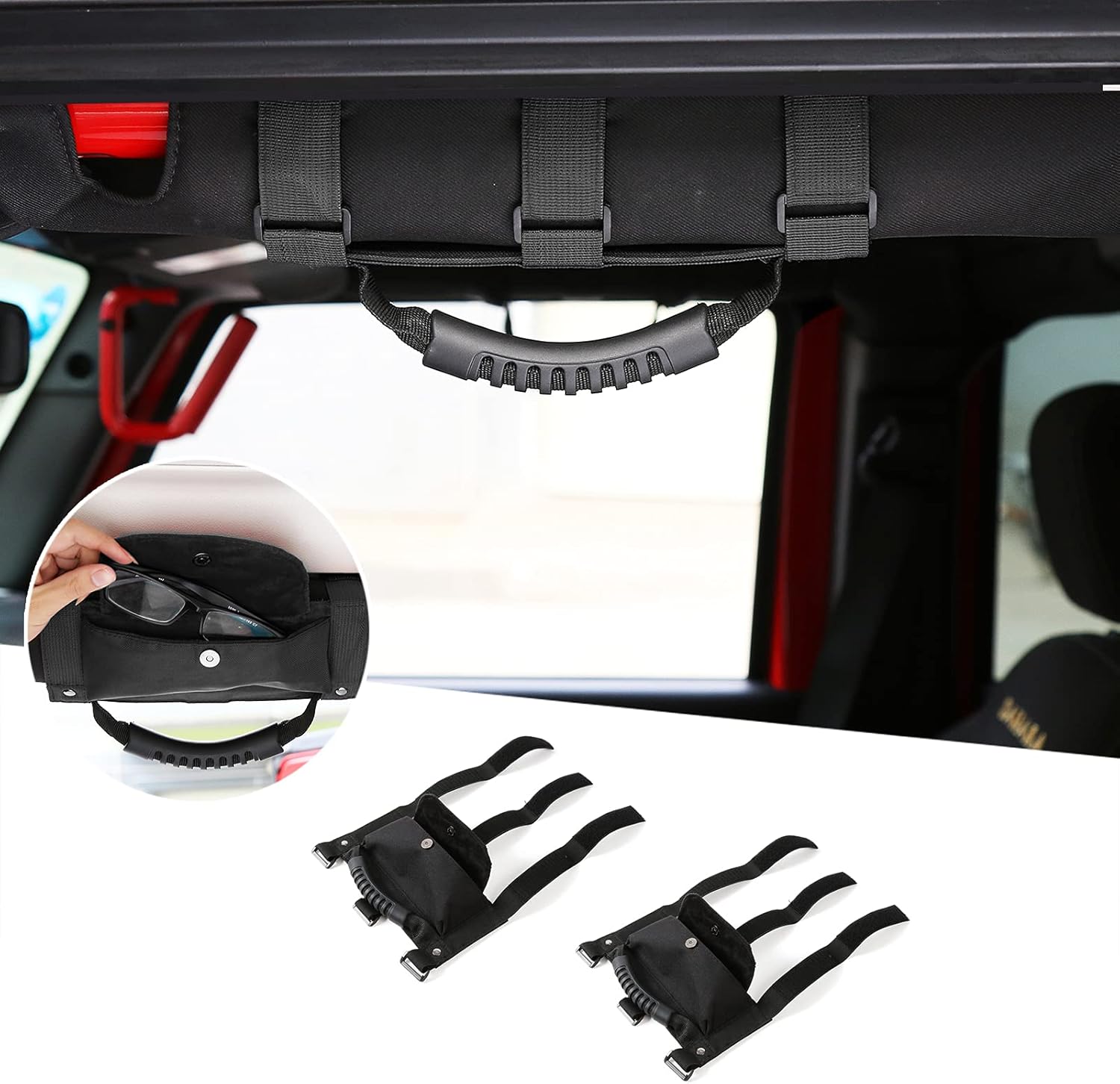 JeCar Grab Handles for Jeep Wrangler, Heavy Duty Roll Bar Grab Handles with Storage Bag for 1955-2021 Jeep Wrangler CJ YJ TJ JK JL & 2020-2021 Jeep Gladiator JT, Black