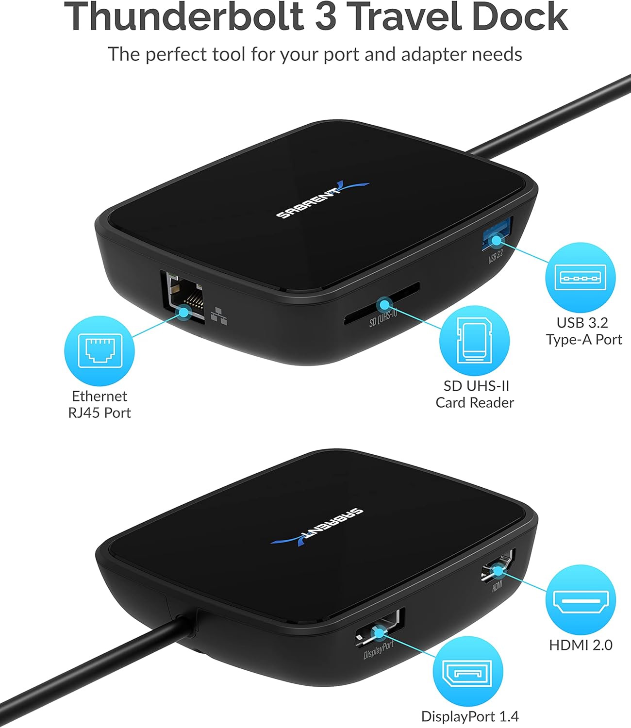 Sabrent Thunderbolt 3 Certified Travel Dock Dual Display Compact Docking Station | HDMI 2.0 4K | DisplayPort 1.4 8K | SD Card Reader | Ethernet Port | 1 USB 3.0 Type-A Port | for Mac and PC (HB-THUC)