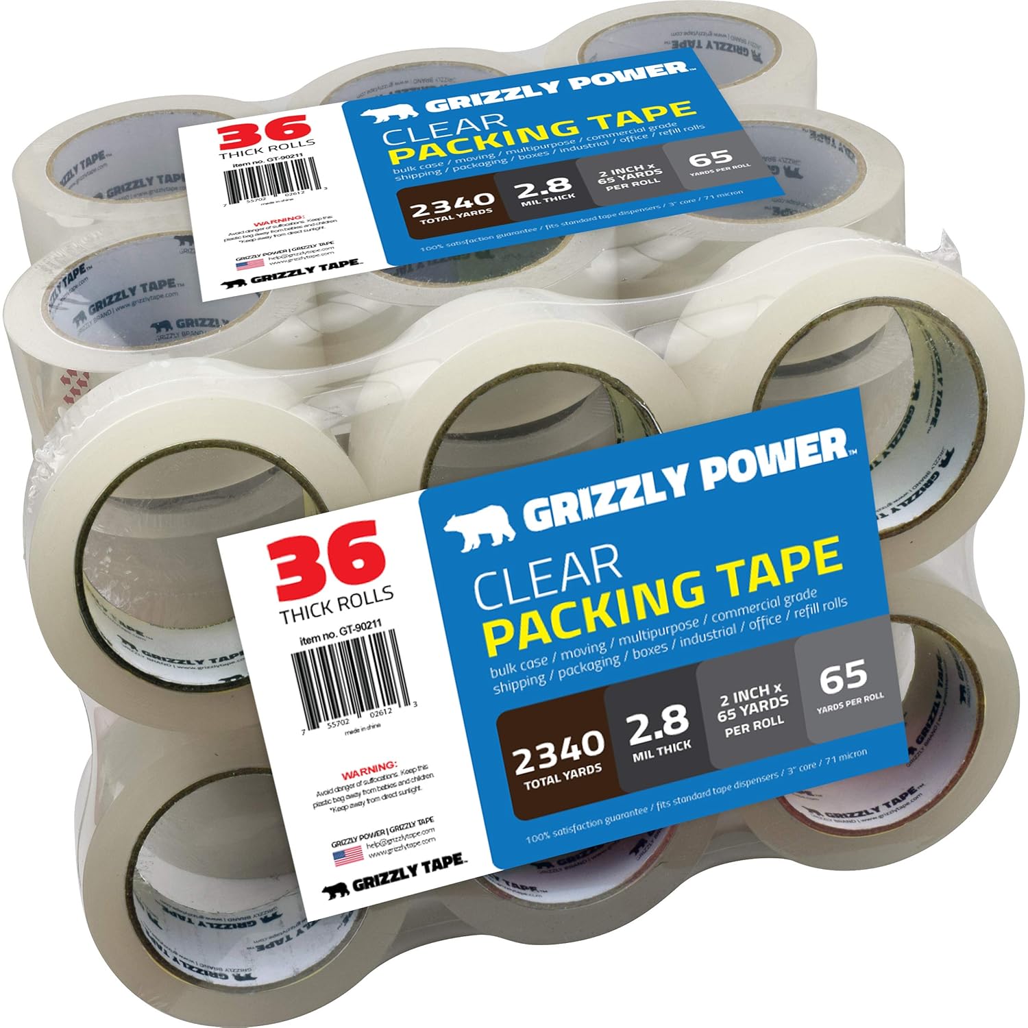 Grizzly Power Clear Packing Tape Refill Rolls for Shipping, Moving, Packaging - True 2 Inch x 65 Yards, 3 Inch Core, 2.8mil Thick, 36 Rolls Bulk Case Pack of 2