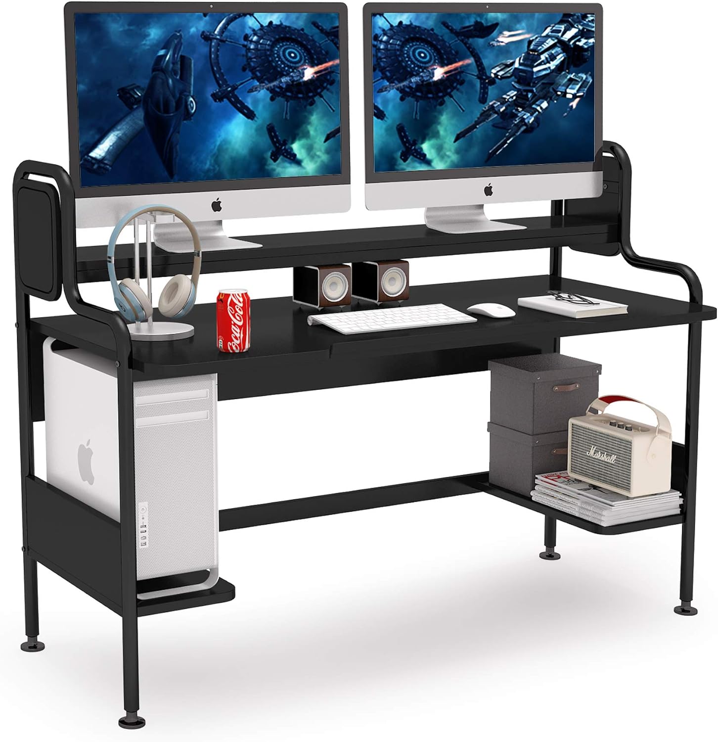 Tribesigns 55-Inch Computer Desk with Monitor Shelf, Large Gaming Desk with Hutch and Storage Shelves, Studio Workstation Desk Studying Writing Table for Home Office (Black)