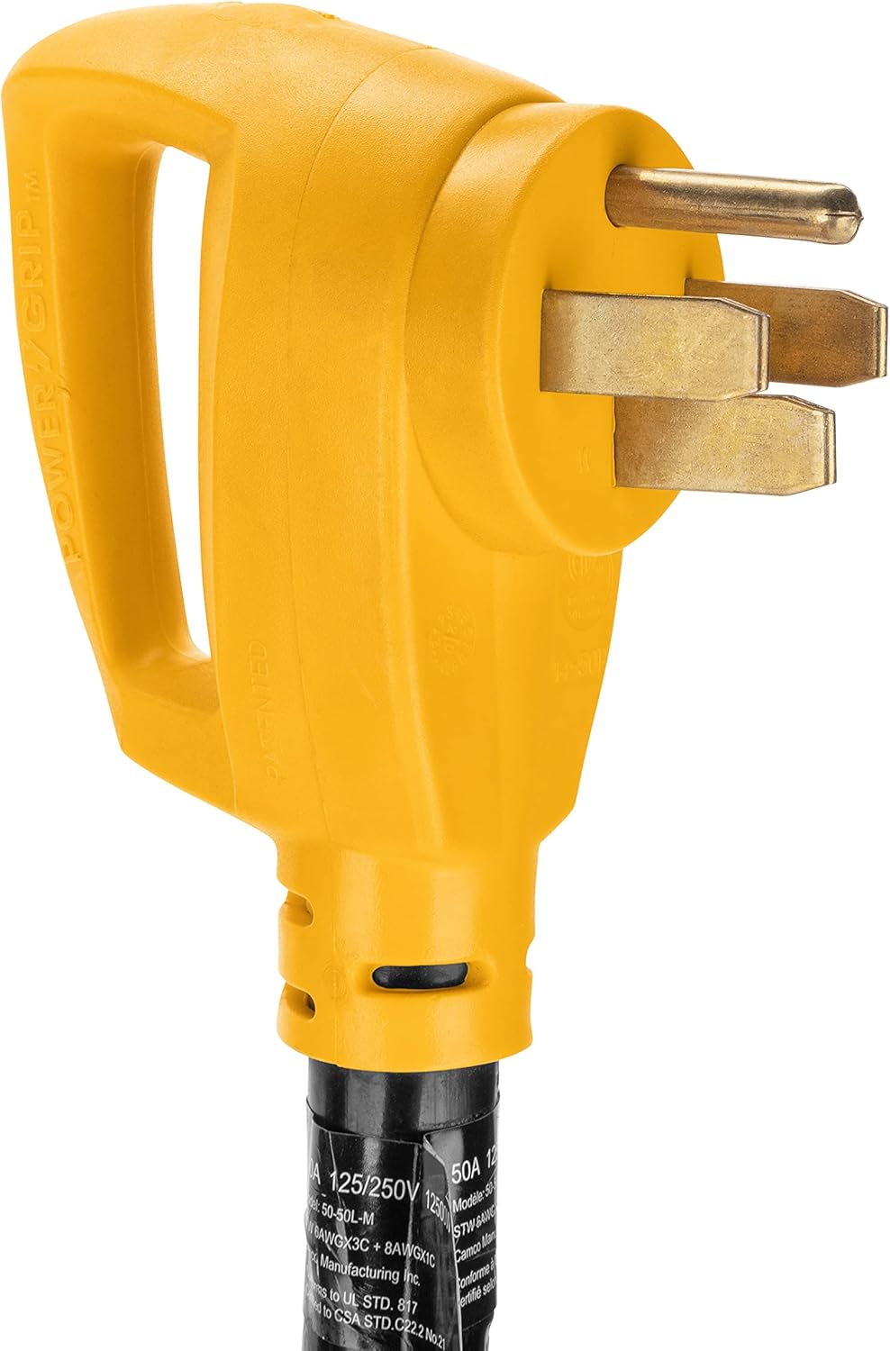 Camco 25' PowerGrip Cord with 50M/50F-90 Degree Locking Adapter | Allows for Easy RV Connection to Distant Power Outlets | Built to Last (55574) , Black