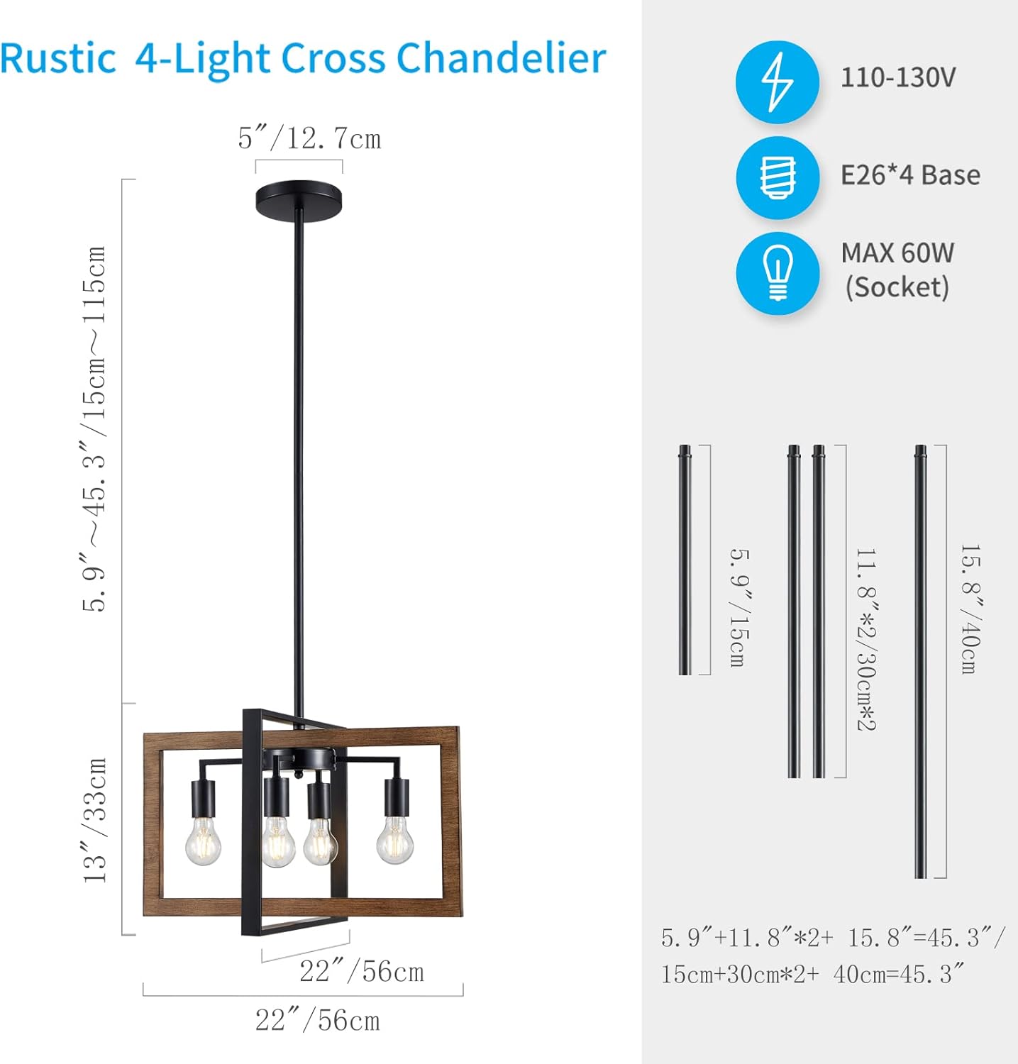 XINGQI Cross Chandelier, Rustic Ceiling Light Black + Wood Grain Finish Metal Farmhouse Pendant Lighting for Living Room Dining Room Bedroom Kitchen Island 4 Light